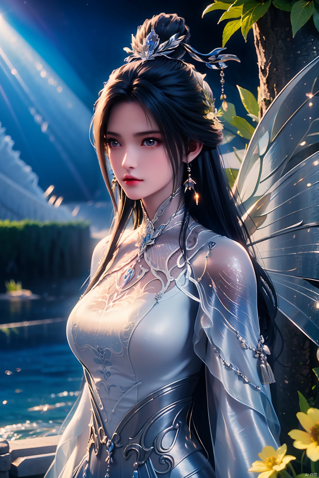  HDR, UHD, 8K, Highly detailed, best quality, masterpiece, 1girl, realistic, Highly detailed, (EOS R8, 50mm, F1.2, 8K, RAW photo:1.2), ultra realistic 8k cg,1 girl, solo focus,peafect body,Long hair,Messy hair,Bangs,hair between eyes,Sidelocks,Hair over shoulder,very long hair,shiny hair,floating hair,Bright eyes,big eyes,detailed eyes,beautiful eyes,hair ornament,hair flower,choker,frilled dress with lace,long dress,pleated dress,[loli],,outdoors,water,flower, in the ((sea of flowers)), flower field,meadow,beautiful detailed sky,feather,nature,(sunlight), skirt up,,moist skin, shiny skin, glossy skin, (best illumination, best shadow, extremely delicate and beautiful), perfect lighting, original, highres, dynamic angle, floating,depth of field, caustics,lens flare,warm lighting,(official art,beautiful and aesthetic:1.2),beautiful face, ultra detailed eyes, looking_at_viewer,kind smile,pose for picture,huolinger,, liuyifei, ((poakl)), Detail,wings,glint,glowing,((A butterfly)), LXQ,