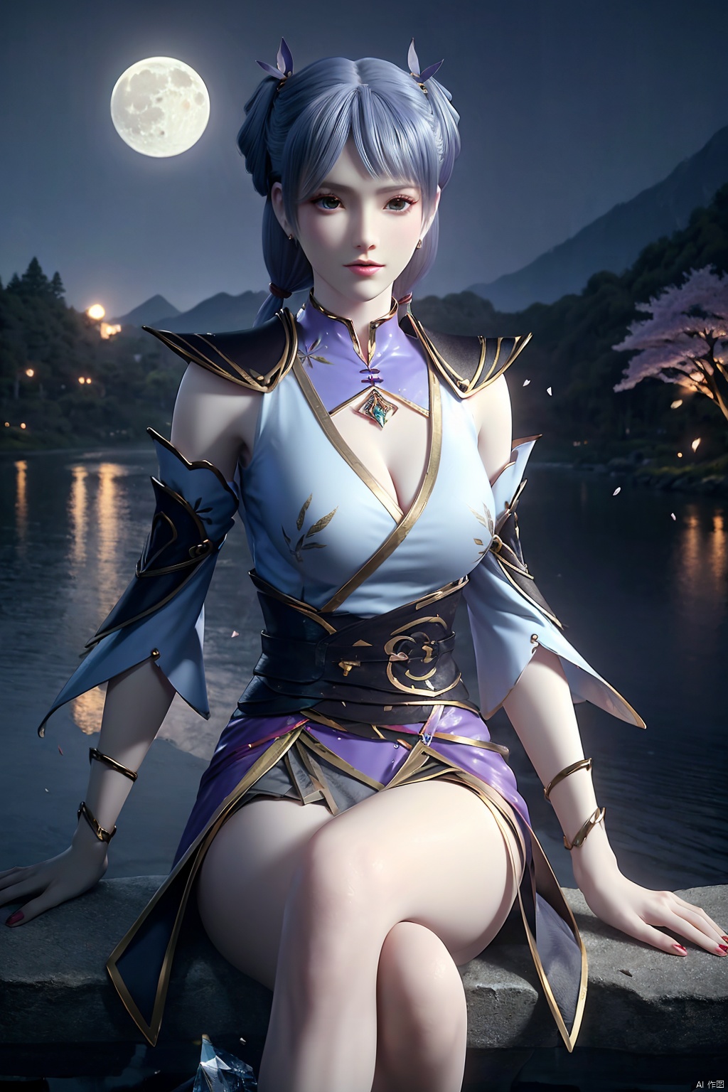 sitting, (crossed_legs), dress, chinese_clothes, long_sleeves, looking_at_viewer, (best_quality), (highly_detailed), (masterpiece), (ultra-detailed), illustration,(incredibly_absurdres), (extremely_detailed_CG_unity_8k_wallpaper), (8k_wallpaper),(realistic:1.2), (photorealistic:1.3),(scenery, waterfall, (cherry_blossoms), (milfeulle_sakuraba), (petals, falling_petals), full_moon, moon, night, moonlight, night_sky, sky, petals, water, stone),1girl,solo, black_hair, long_hair, hair_ornament, braid, jewelry, earrings, makeup, cleavage, white_legwear, fingernails,nail_polish, photo_\(medium\),(crystal_texture_skin:1.3),(shiny_skin:1.4),(an_extremely_delicate_and_beautiful),,