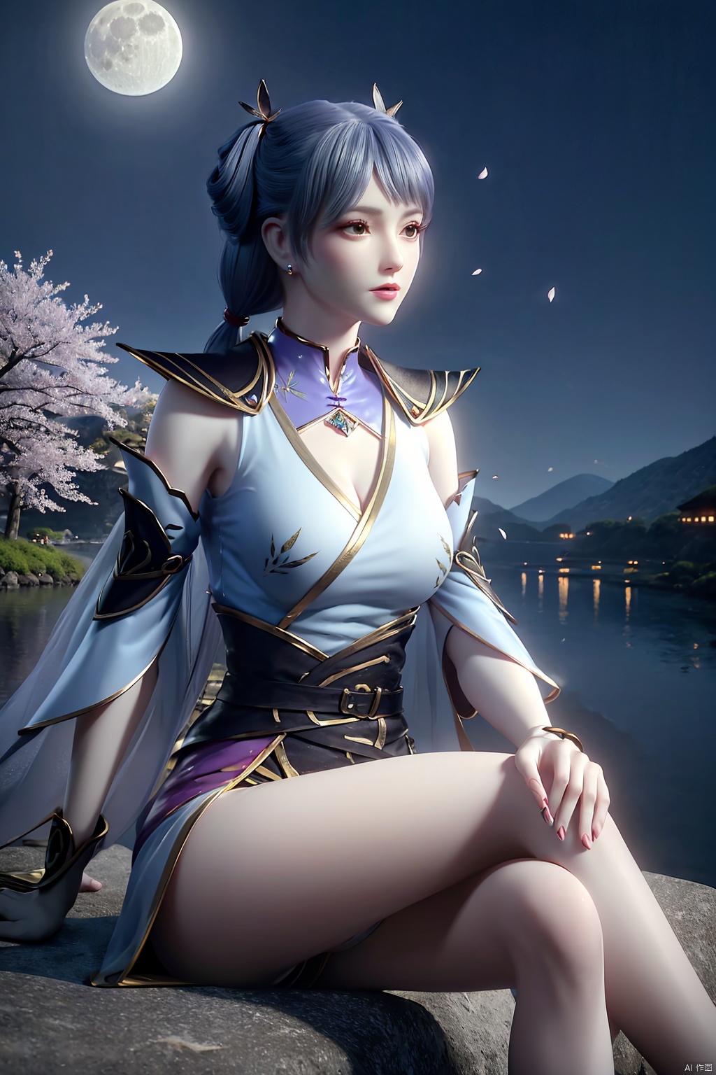 sitting, (crossed_legs), dress, chinese_clothes, long_sleeves, looking_at_viewer, (best_quality), (highly_detailed), (masterpiece), (ultra-detailed), illustration,(incredibly_absurdres), (extremely_detailed_CG_unity_8k_wallpaper), (8k_wallpaper),(realistic:1.2), (photorealistic:1.3),(scenery, waterfall, (cherry_blossoms), (milfeulle_sakuraba), (petals, falling_petals), full_moon, moon, night, moonlight, night_sky, sky, petals, water, stone),1girl,solo, black_hair, long_hair, hair_ornament, braid, jewelry, earrings, makeup, cleavage, white_legwear, fingernails,nail_polish, photo_\(medium\),(crystal_texture_skin:1.3),(shiny_skin:1.4),(an_extremely_delicate_and_beautiful),,