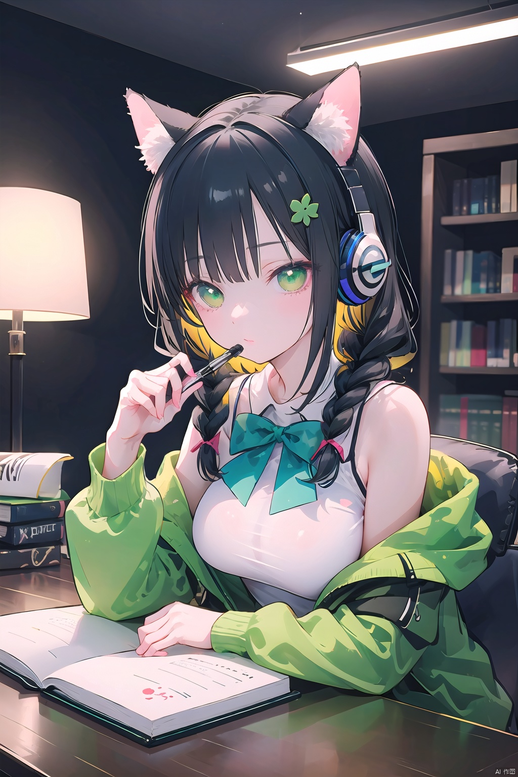  Ultra-clear, ultra-detailed, ((detailed depiction)), ultimate picture quality, CG,8k Wallpaper,(((masterpiece))), (((best quality))), ((ultra-detailed)), 1girl,animal ears,black hair,book,bookshelf,bow,braid,cat,cat ears,cat girl,clover,clover hair ornament,computer,constellation,crescent moon,desk,desk lamp,fairy lights,four-leaf clover,green bow,green cat,green cloud,green eyes,green jacket,green shirt,green sky,green theme,hair ornament,headphones,headphones around neck,holding,holding pen,indoors,jacket,lamp,laptop,leaf,monstera deliciosa,moon,notebook,pen,shirt,sparkle,sticker on face,**** top,twin braids,vase,white jacket,window,