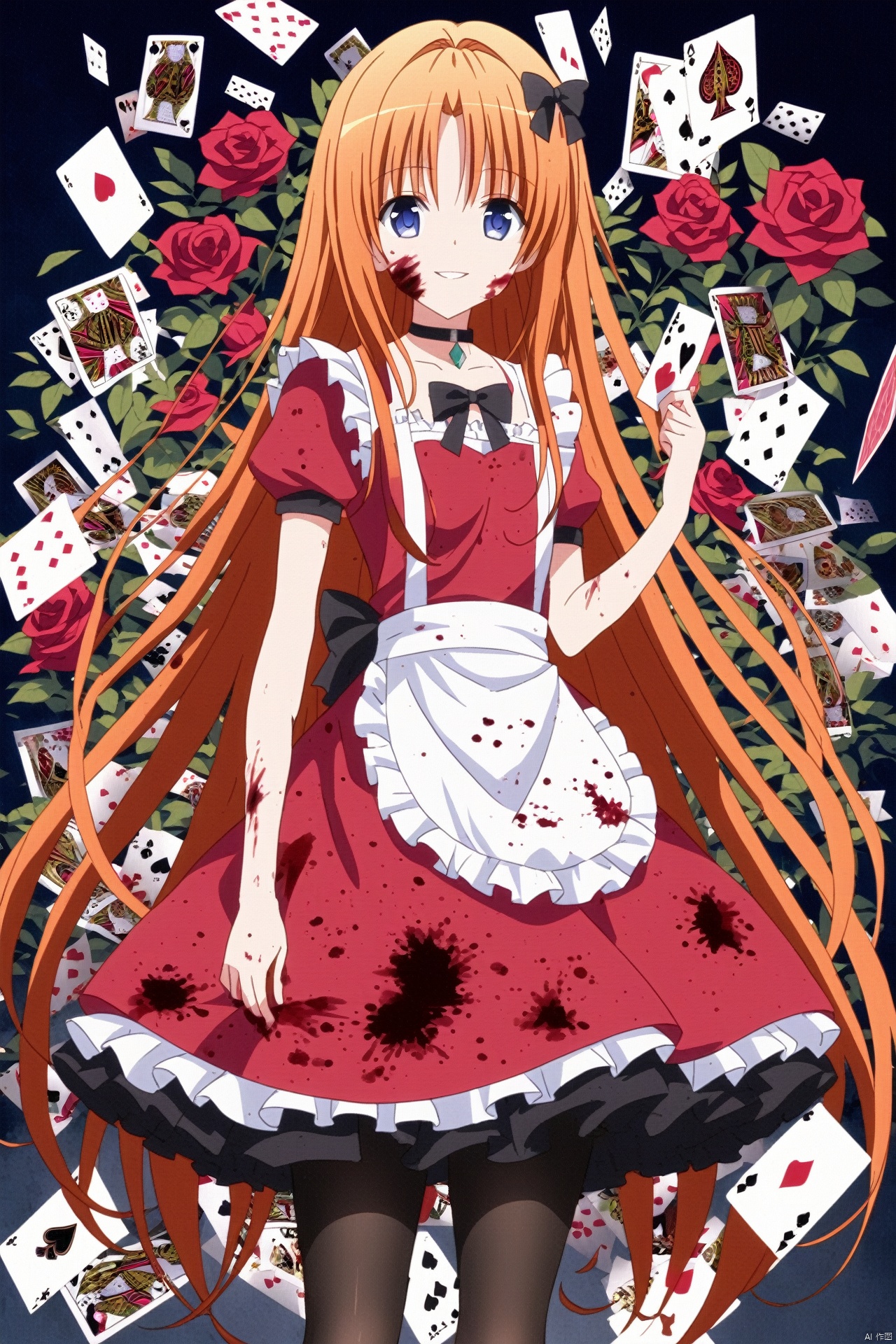 1girl, solo, long hair, dress, short sleeves, puffy sleeves, apron, puffy short sleeves, red dress, card, choker, looking at viewer, blue eyes, bangs, frills, blood, black choker, playing card, white apron, blood on clothes, frilled apron, parted lips, red flower, brown hair, bow, smile, standing, parted bangs, very long hair, blood on face, black bow, hair bow, frilled dress, pantyhose, diamond \(shape\), ribbon, orange hair, red rose