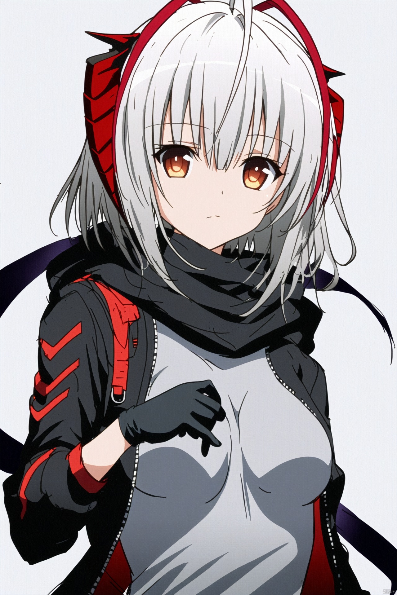 1girl, solo, w \(arknights\), horns, grey shirt, jacket, looking at viewer, simple background, white background, black jacket, shirt, upper body, scarf, open clothes, open jacket, breasts, short hair, red eyes, black scarf, grey hair, ahoge, medium breasts, demon horns, sketch, black gloves, white hair, orange eyes, bangs, closed mouth, gloves