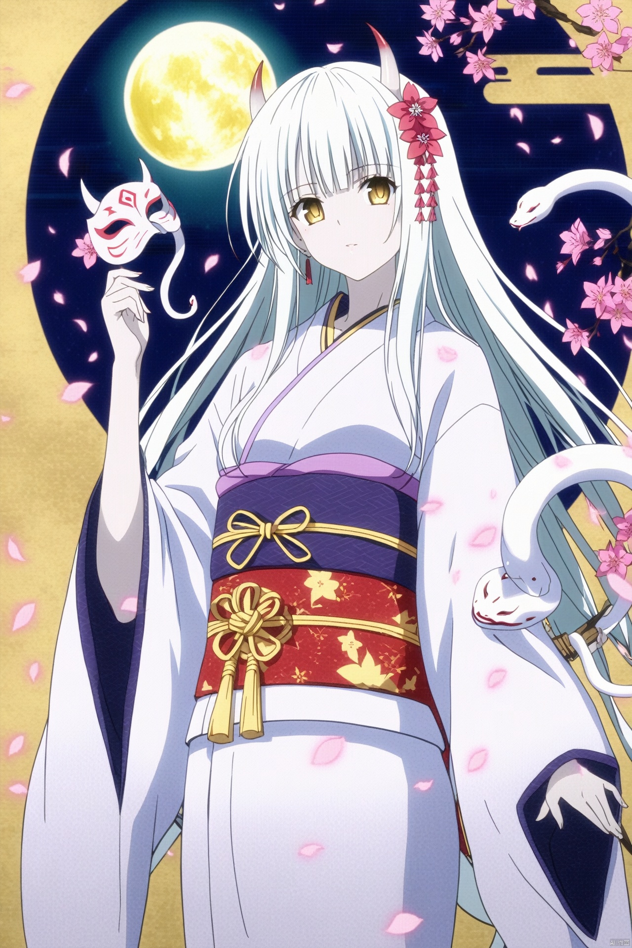 1girl, japanese clothes, snake, kimono, horns, long hair, solo, holding, white hair, hair ornament, mask, flower, earrings, white snake, holding mask, jewelry, hair flower, looking at viewer, tattoo, white kimono, obi, sash, petals, mask removed, yellow eyes, pale skin, moon, egasumi, bangs, long sleeves, wide sleeves