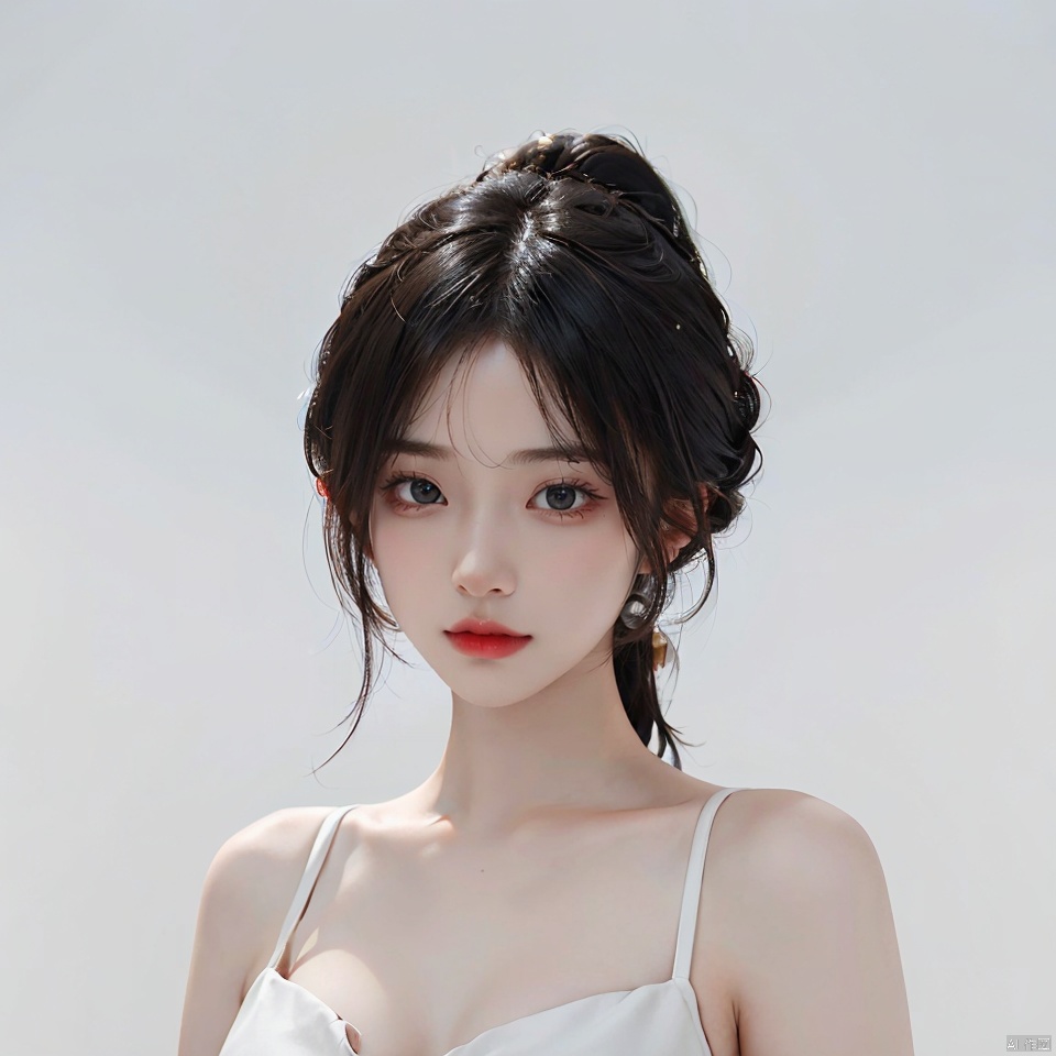 (High quality, High resolution, High quality, Fine details), 1girl, black hair, white background, face focus, ,Peachmilky2,majastrojek,esterexposito,qnl woman,sanguo style,pljx woman, Susana Almeida