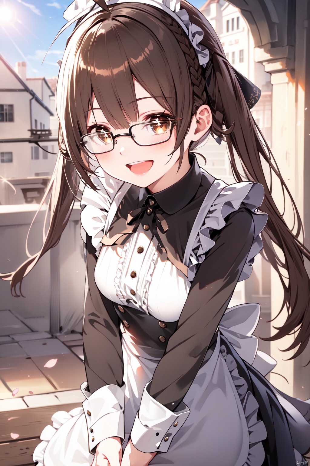  (best quality),(masterpiece),1girl, solo, outdoors, maid, apron, glasses, day, open mouth, maid headdress, frills, smile, petals, dress, blurry, white apron, long sleeves, :d, ahoge, brown hair, black dress, maid apron, sky, looking at viewer, twintails, bangs, blurry background, ribbon, frilled apron, flower, depth of field, blush, blue sky, bow, brown eyes, hand up, lens flare, building, long hair