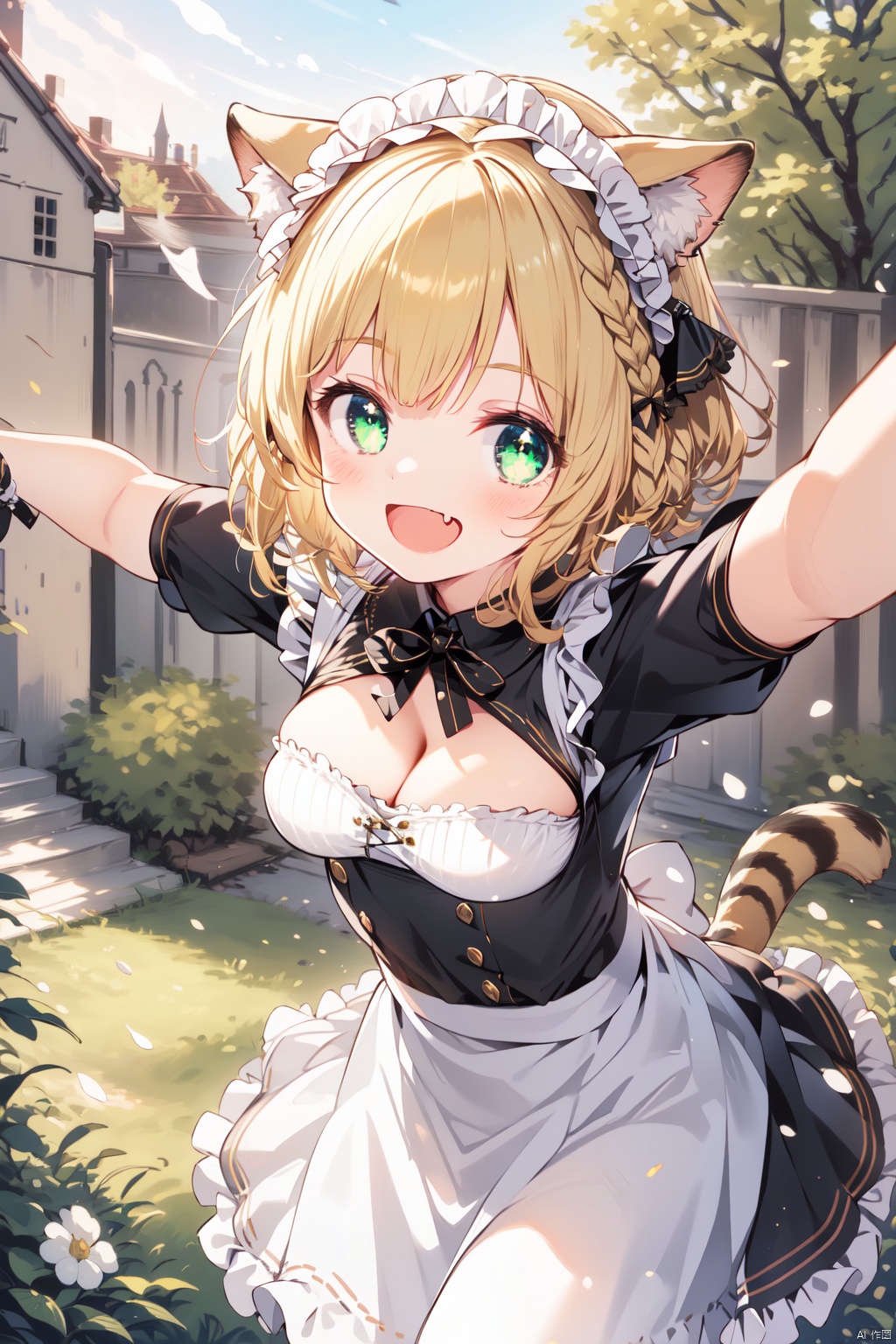  (best quality),(masterpiece),1girl, animal ears, breasts, solo, green eyes, cleavage, blonde hair, open mouth, maid, tail, maid headdress, smile, wrist cuffs, looking at viewer, braid, apron, grass, medium breasts, outstretched arms, fang, petals, short hair, outdoors, ribbon, :d, frills