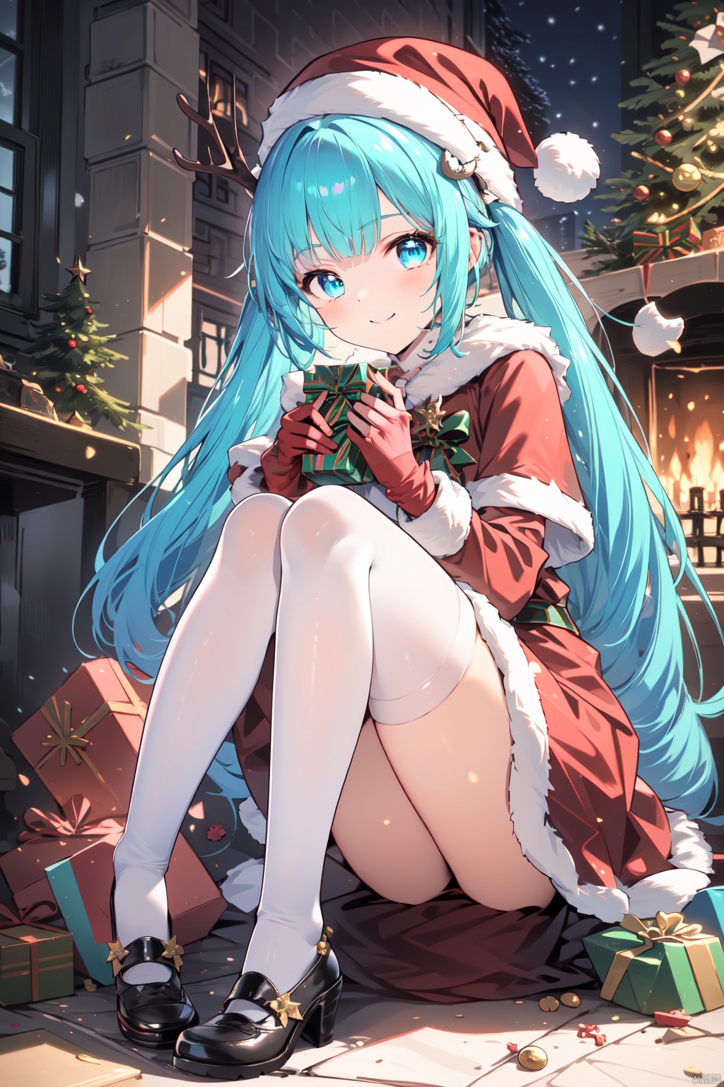  (masterpiece),(best quality), (masterpiece),(best quality),1girl, antlers, aqua_eyes, aqua_hair, bell, black_legwear, blue_eyes, bow, box, candy, candy_cane, christmas, christmas_lights, christmas_ornaments, christmas_tree, dress, food, fur-trimmed_dress, fur-trimmed_headwear, fur_trim, gift, gift_bag, gift_box, hat, hatsune_miku, holding_sack, holly, long_hair, looking_at_viewer, merry_christmas, one_eye_closed, open_mouth, red_footwear, red_gloves, red_headwear, reindeer_antlers, sack, santa_costume, santa_dress, santa_hat, shoes, sitting, smile, snowman, socks, star_\(symbol\), thighhighs, twintails, very_long_hair
