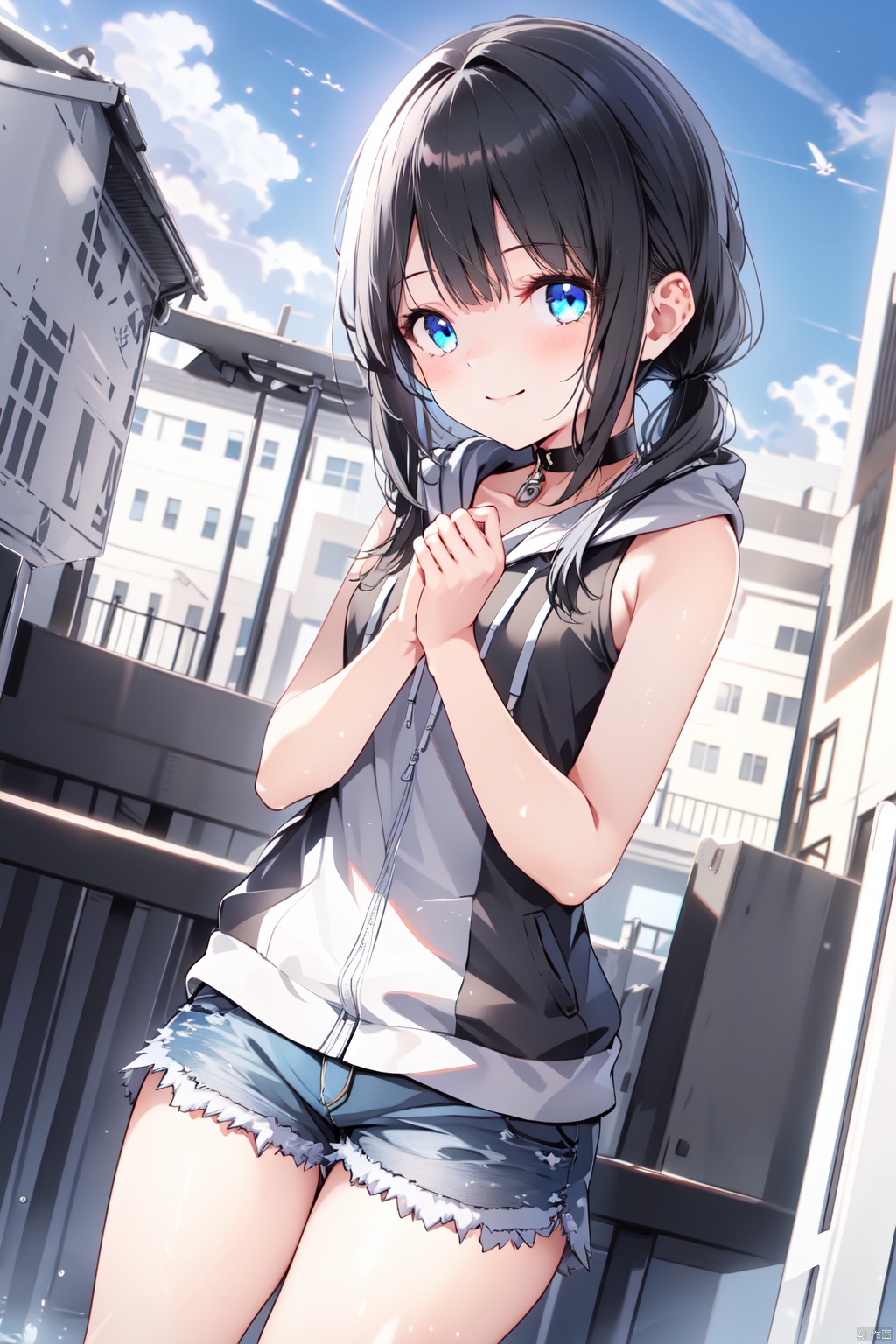  (masterpiece),(best quality),1girl, solo, shorts, twintails, smile, short shorts, hood down, blurry, outdoors, sleeveless, hood, long hair, bare arms, black hair, sleeveless jacket, own hands together, choker, bangs, jacket, depth of field, day, water drop, bare shoulders, hooded jacket, blurry background, sky, cloud, closed mouth, white jacket, low twintails, looking at viewer, blurry foreground, black choker, blush, blue eyes, dutch angle, cloudy sky, railing, blue sky, sleeveless hoodie, blue shorts, cowboy shot, denim shorts