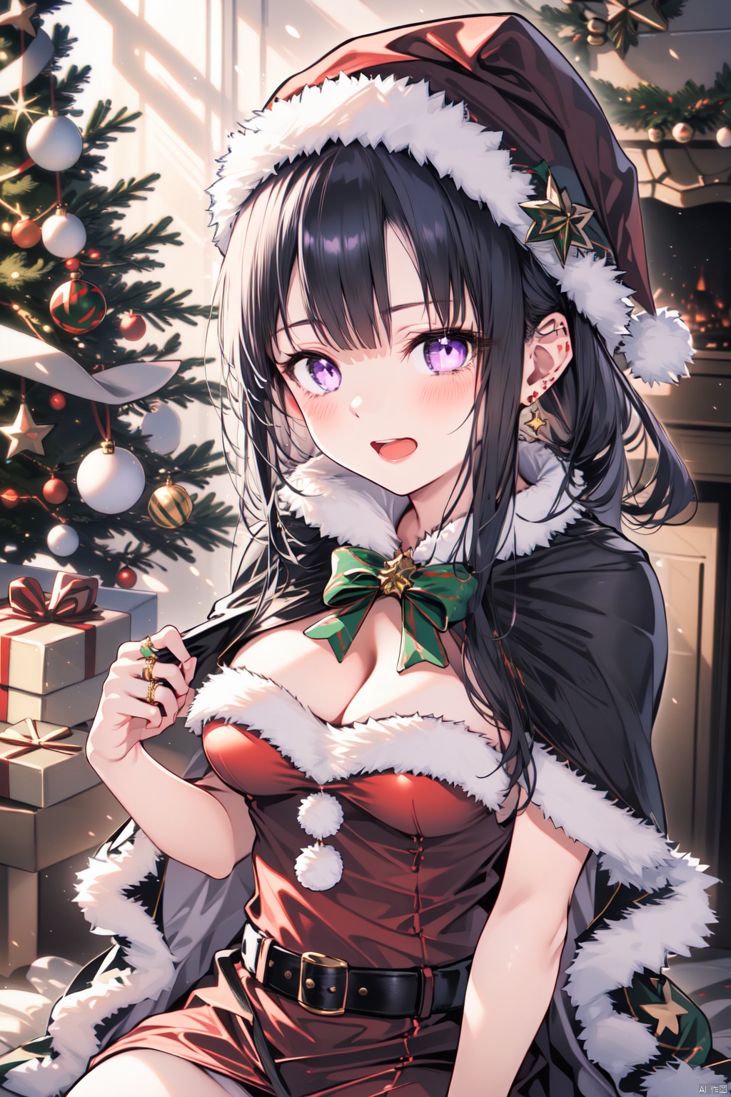  (masterpiece),(best quality), 1girl, black hair, breasts, long hair, hat, purple eyes, christmas tree, santa hat, christmas, solo, cleavage, santa costume, kousaka reina, looking at viewer, dress, indoors, blush, medium breasts, fur trim, capelet, open mouth, ring, belt, christmas ornaments, santa dress, jewelry
