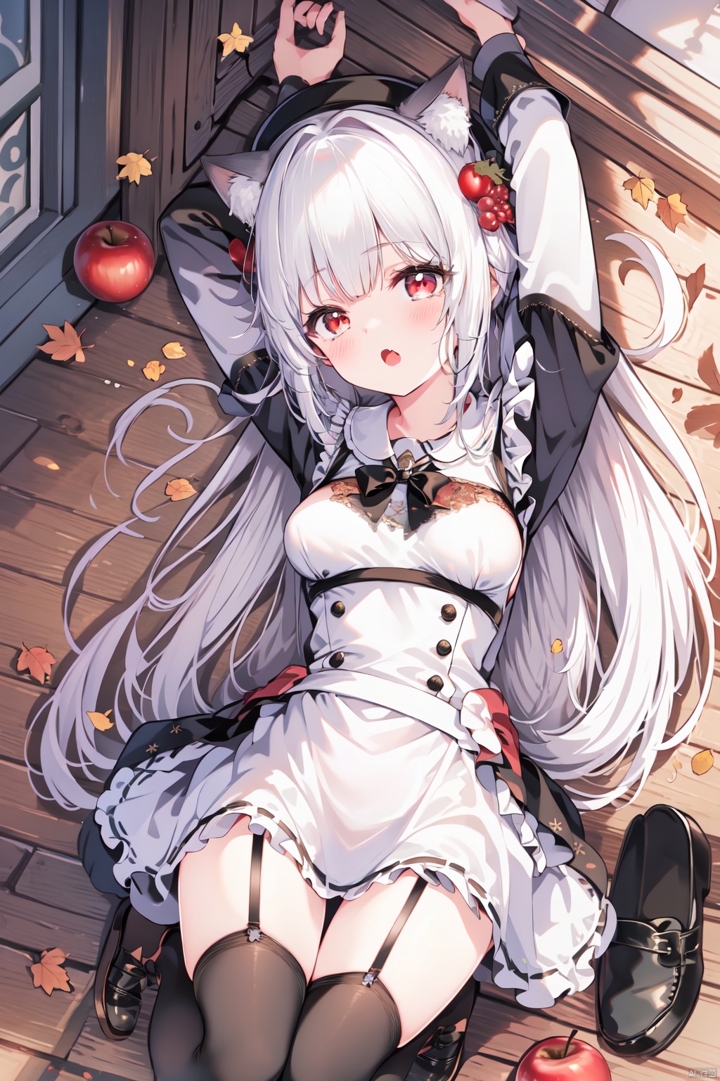  (best quality),(masterpiece),1girl, autumn leaves, solo, fruit, frills, food, animal ears, apple, lying, dress, long hair, holding, thighhighs, apron, long sleeves, on back, frilled apron, red eyes, white apron, very long hair, garter straps, white dress, bow, bangs, looking at viewer, frilled dress, teacup, open mouth, twintails, cup, hat, fang, maple leaf, cat ears, blush, animal ear fluff, tea, holding food, :o, brown headwear, day, shoes, grapes, white hair, saucer, holding fruit, leaf, outdoors, autumn, black thighhighs, breasts, hair bow, red apple, basket, from above, black bow, teapot, picnic, fringe trim, knee up, arm up