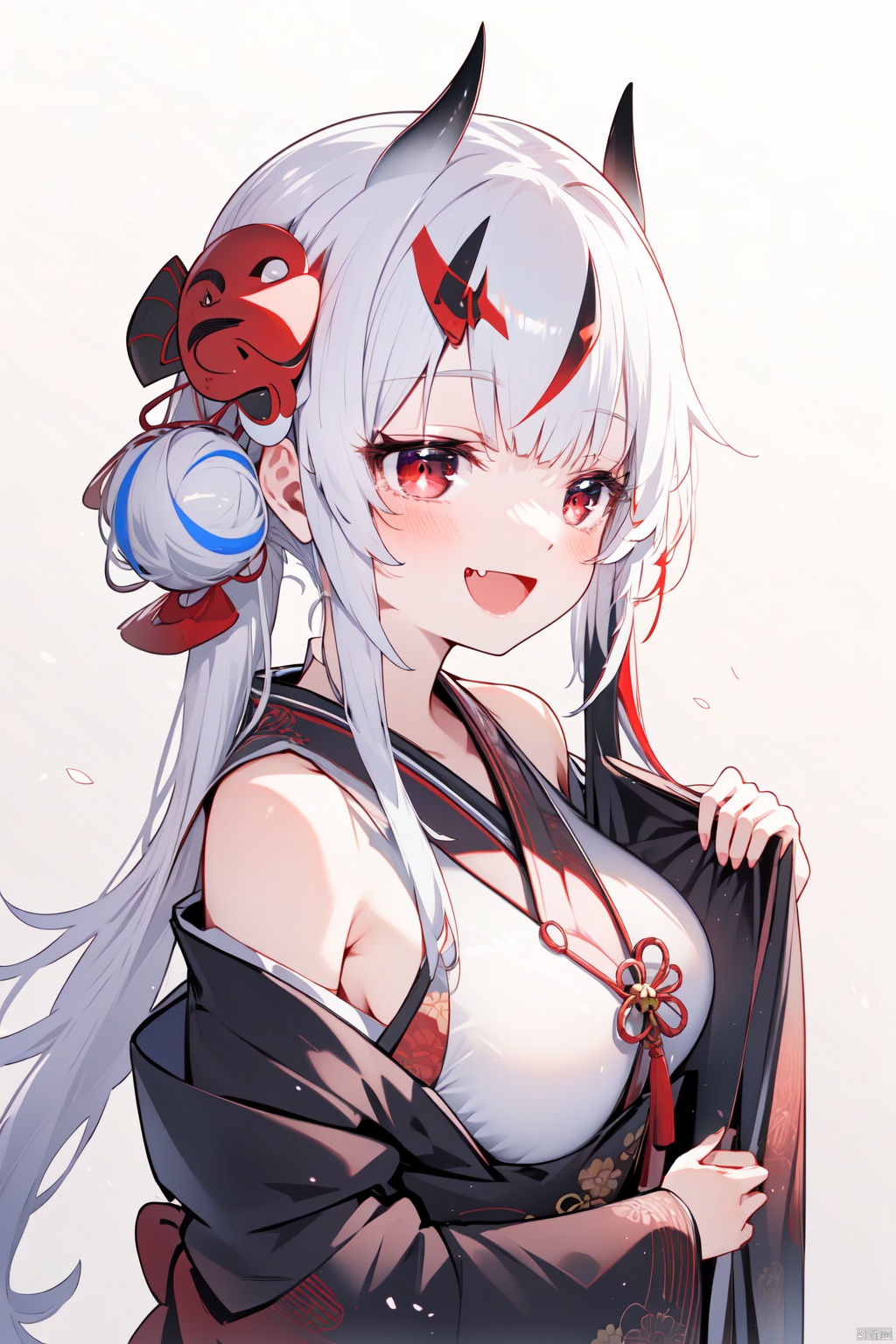  (best quality),(masterpiece),1girl, solo, bell, hair bell, virtual youtuber, nakiri ayame, long hair, horns, red eyes, hair ornament, double bun, hair bun, smile, mask, white hair, oni horns, oni mask, upper body, multicolored hair, blush, white background, open mouth, jingle bell, japanese clothes, mask on head, red hair, bare shoulders, kimono, simple background, streaked hair, holding, off shoulder, bangs, :d, tassel, oni, breasts, fang

