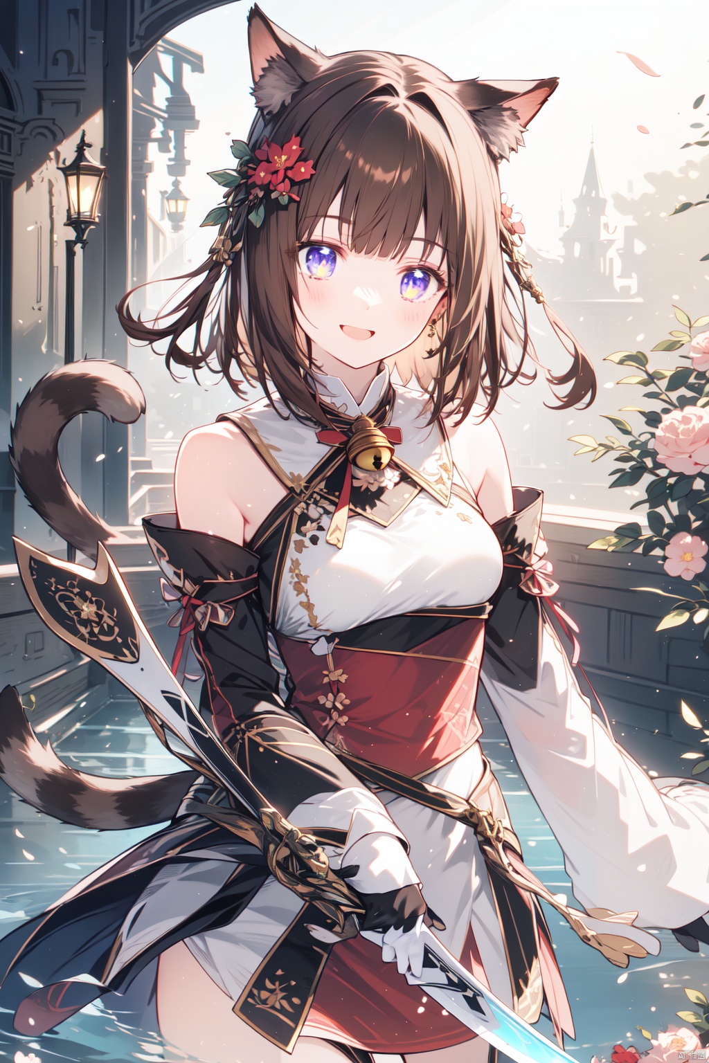  (masterpiece),(best quality),1girl, animal_ears, bell, breasts, brown_hair, cat_ears, cat_tail, dagger, detached_sleeves, flower, gloves, hair_flower, hair_ornament, holding, jingle_bell, knife, medium_breasts, miqo'te, neck_bell, open_mouth, short_hair, smile, solo, tail, tail_ornament, water, weapon, whisker_markings
