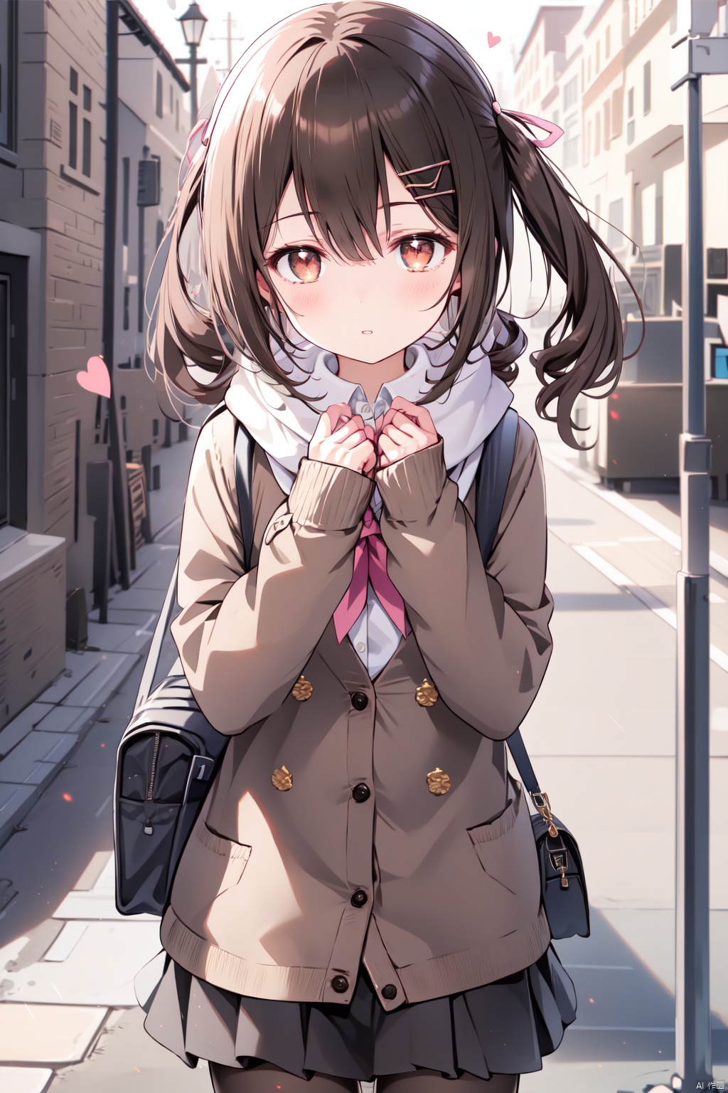  (best quality),(masterpiece),1girl, solo, skirt, fringe trim, pleated skirt, heart hair ornament, neckerchief, pantyhose, long hair, black skirt, blurry, open clothes, depth of field, hair between eyes, black gloves, white neckerchief, scarf, looking at viewer, hair ornament, gloves, blush, enpera, school uniform, bangs, serafuku, long sleeves, sailor collar, cardigan, blurry background, hair ribbon, ribbon, parted lips, brown eyes, black hair, bag, black pantyhose, black sailor collar, brown cardigan, twintails, heart, very long hair, pink cardigan, brown jacket, hairclip, hands up, shirt, outdoors, open jacket, jacket, coat
