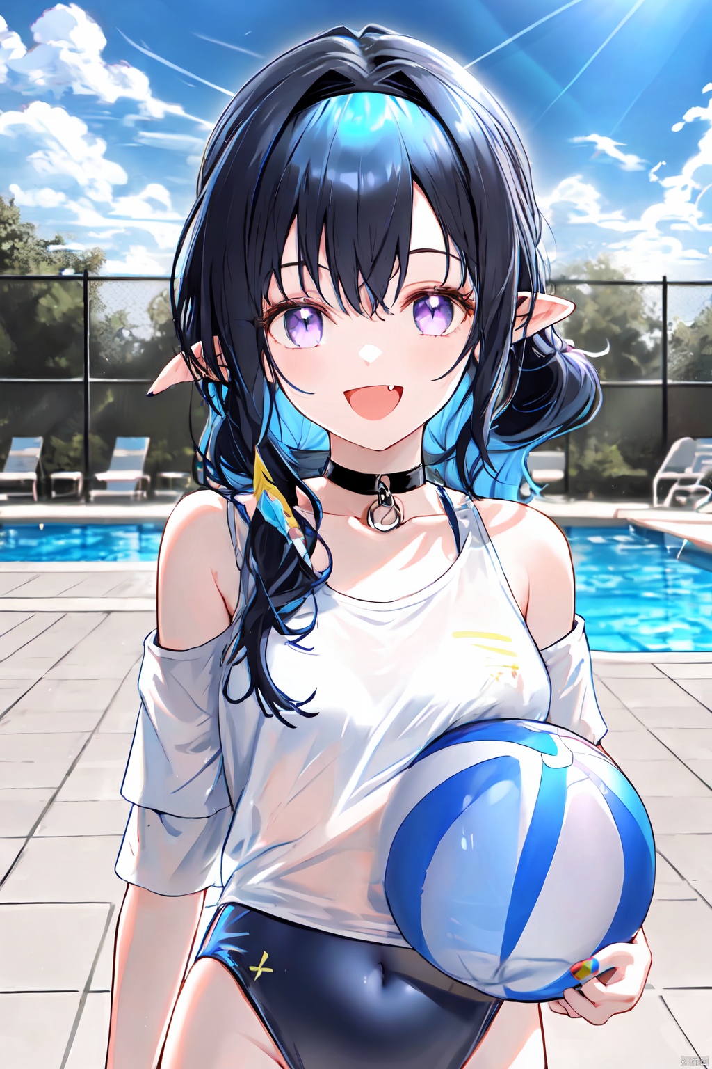  (best quality),(masterpiece),1girl, swimsuit, black hair, pointy ears, food, solo, multicolored hair, popsicle, one-piece swimsuit, long hair, outdoors, holding, smile, shirt, halo, fang, sky, white shirt, covered navel, choker, swimsuit under clothes, ball, day, cloud, chain-link fence, purple eyes, looking at viewer, off shoulder, holding food, colored inner hair, fence, blue sky, open mouth, blue hair, :d, bare shoulders, water, blue one-piece swimsuit, beachball, nail polish, blue choker, breasts, two-tone hair, ponytail, off-shoulder shirt, short sleeves, see-through, hairband, pool