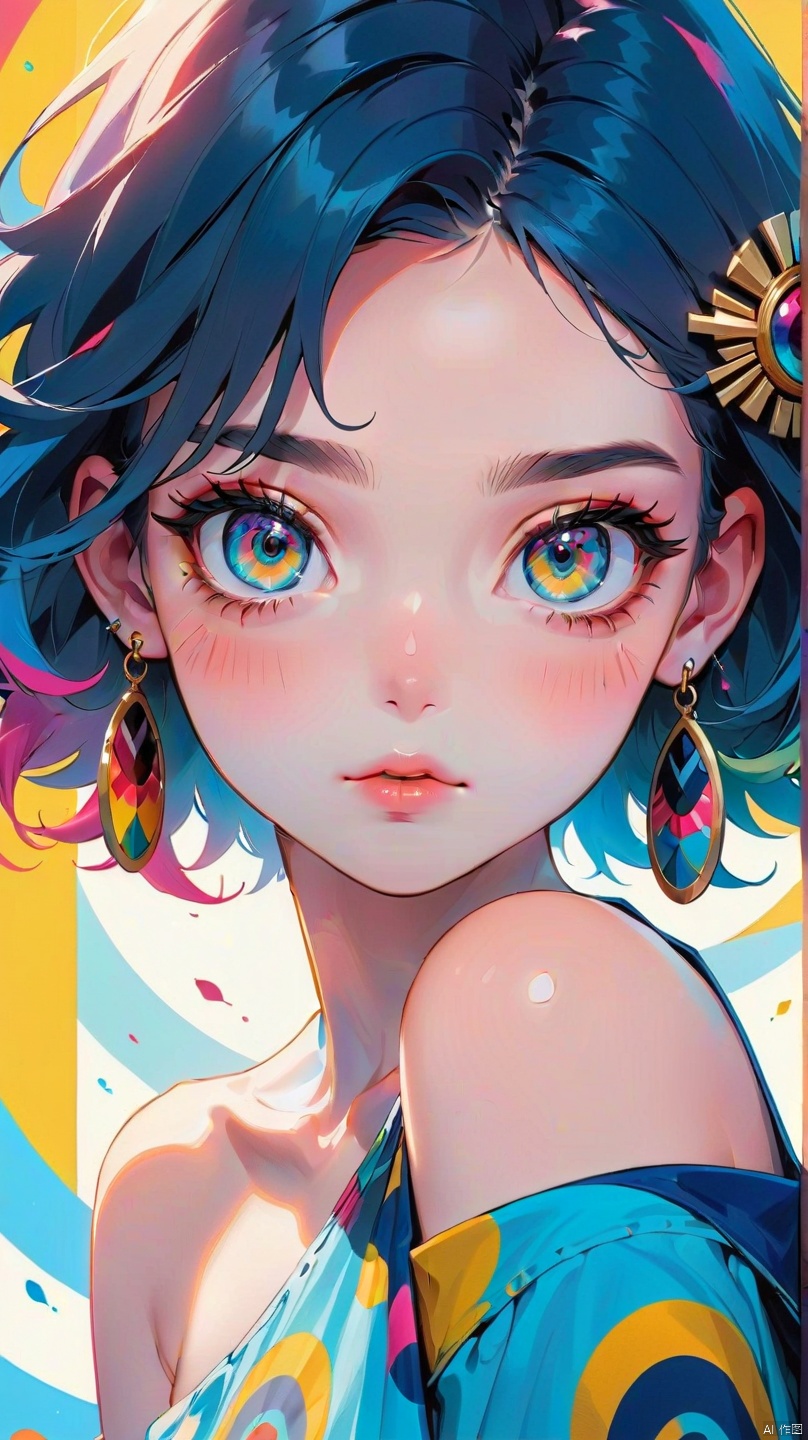 (8k, best quality, masterpiece), ultra-detailed, (high detailed skin),glossy skin, contrapposto, female focus, model,  (title), (Magazine cover-style illustration of a fashionable woman), posing in front of a colorful and dynamic background,A mischievous expression,kandis, 1girl,  eye of horus, heterochromia, hair ornament,blue eye, yellow eye,