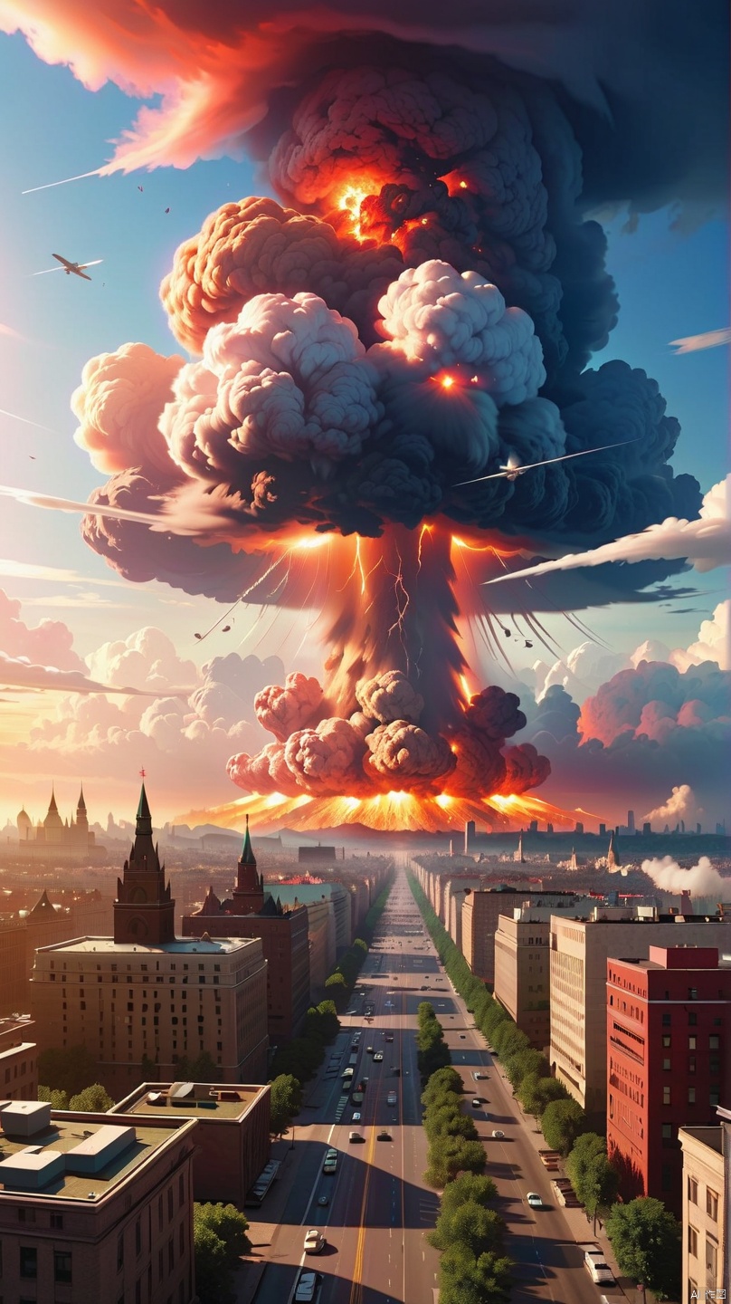 A Detailed Sinister,extremely high resolution of Nuclear attack on a Moscow city,Chesley Bonestell,The nuclear Apocalypse cinematic James Cameron,Mushroom cloud in the background from a ground based nuclear explosion,a fiery pressure wave destroying buildings,Perfect,high detail,fire and dark color scheme with deep saturation,artstation,Photograph Taken on Nikon D750,Intricate,Digital Illustration,Scenic,HyperRealistic,HyperDetailed,Unreal Engine,CryEngine,Octane render,8K,deep color,Cinematic Lighting,intricate,smooth,sharp focus,digital painting,blue and red as complementary colours,Apocalyptic war,light and shadow,three-dimensional lighting,combination of various colors and shades,Digital Illustration,Intricately Designed buildings city,Intricate,Intricate cinematic lighting,Digital Illustration,