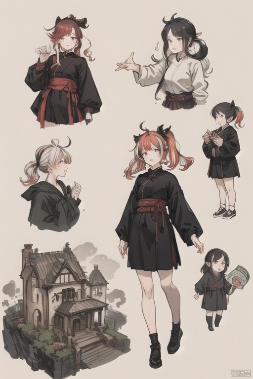  multiple girls,multicolored clothes,simple background, multiple views, comicchibi,(multicolored hair:1.2),shock,city,Chinese style, omedoll,full body