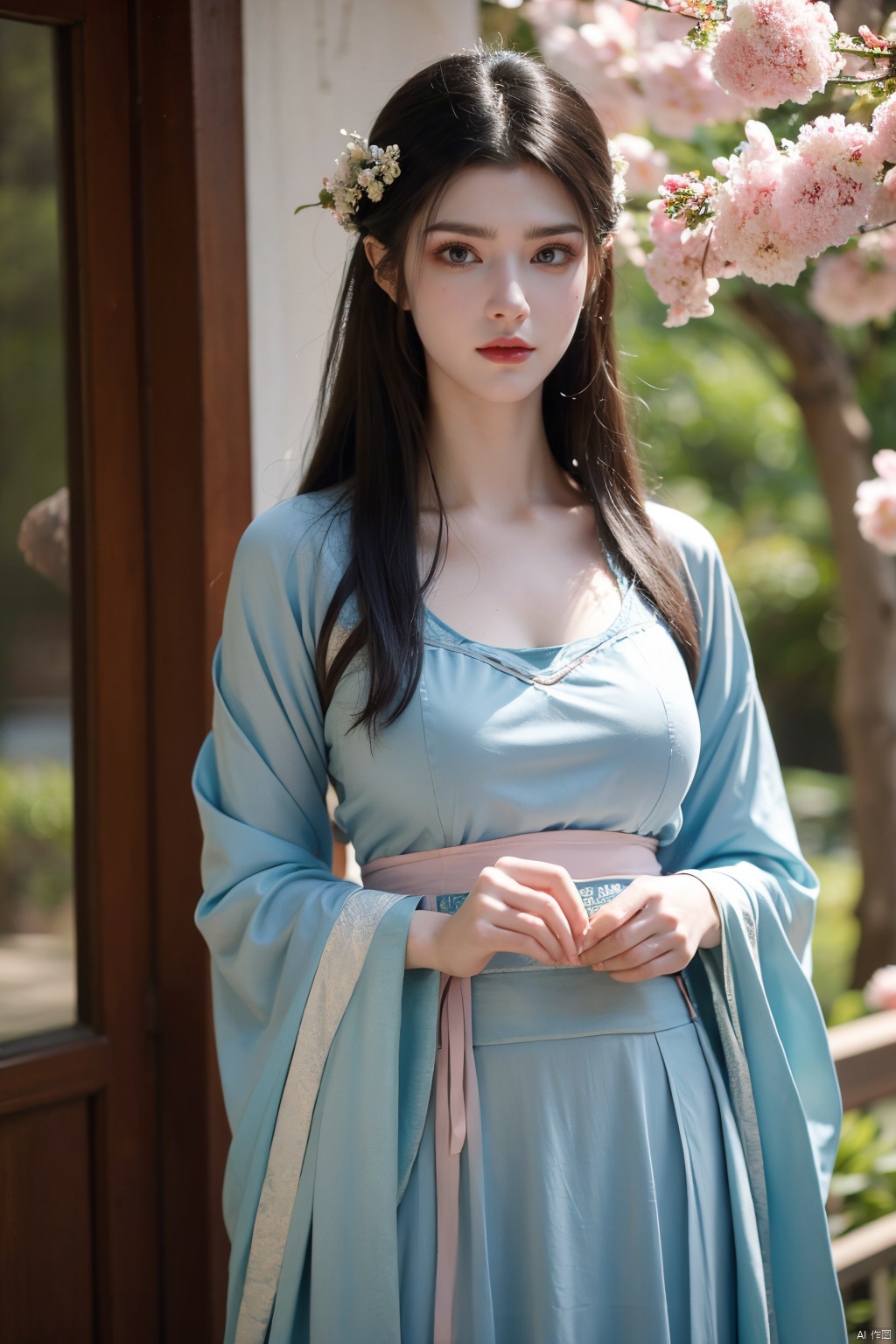 song_hanfu,1girl,(spring,flowers:1.2),looking_at_viewer,,(big breasts:1.39), hanfu