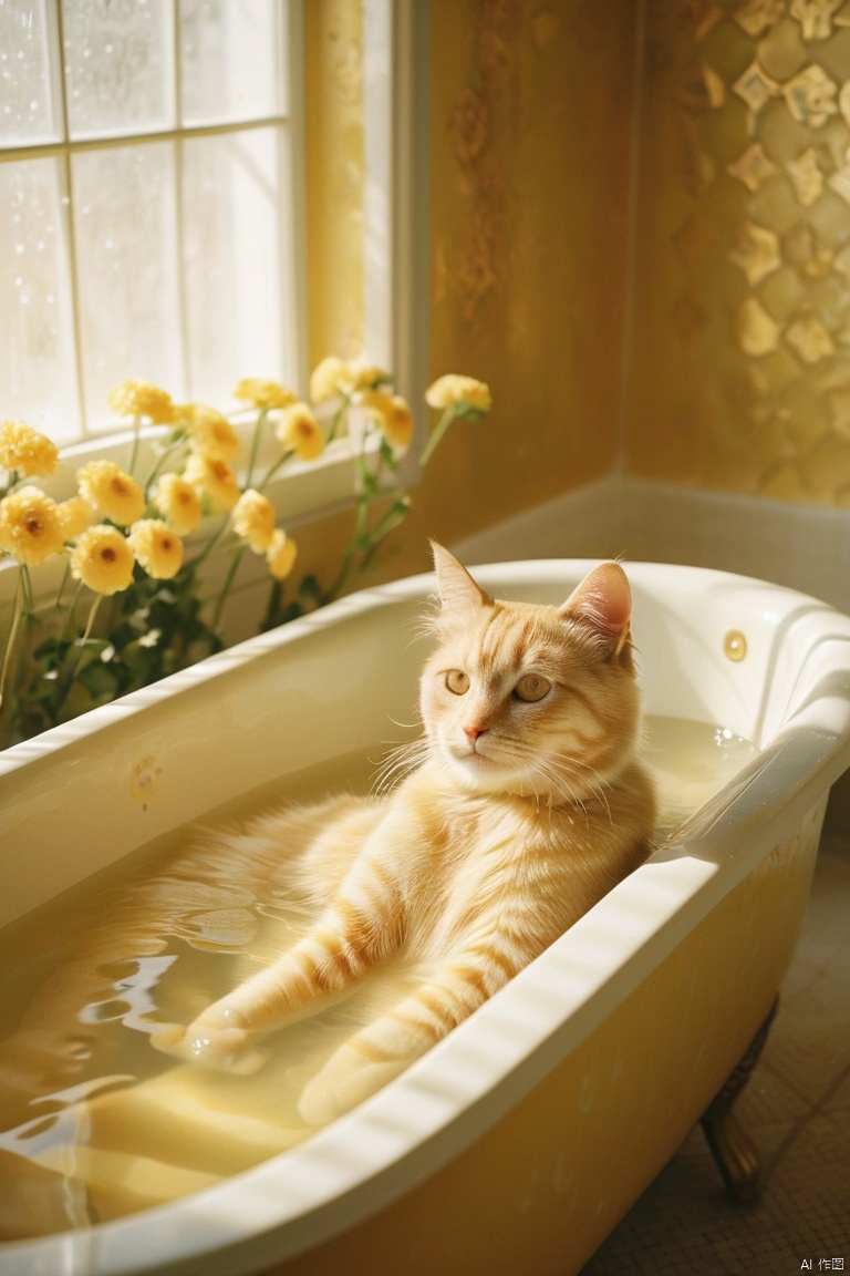  fsw,In the bathroom, a beautiful cat girl lies in a large bathtub filled with warm, misty water. Soft sunlight from the window illuminates her delicate features, making her golden hair shimmer like diamonds. Pastel-colored flowers adorn the walls, adding a touch of elegance to the space. Her serene expression reflects a sense of tranquility and contentment as she enjoys her private moment of relaxation, detailed skin, (masterpiece,best quality, ultra realistic,32k,RAW photo,detail skin, 8k uhd, dslr,high quality:1.5),amazing6,pink mecha,hell
