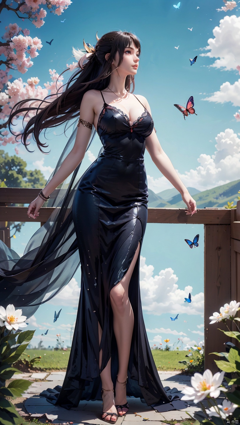  1 girl, dynamic angle, solo, looking at the audience, dress, sky, blue sky, insects, butterflies, branches,,