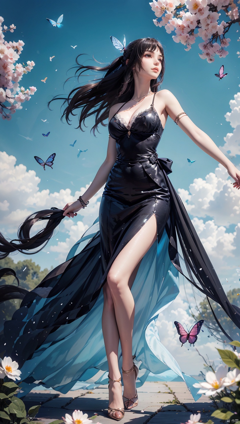  1 girl, dynamic angle, solo, looking at the audience, dress, sky, blue sky, insects, butterflies, branches,,
