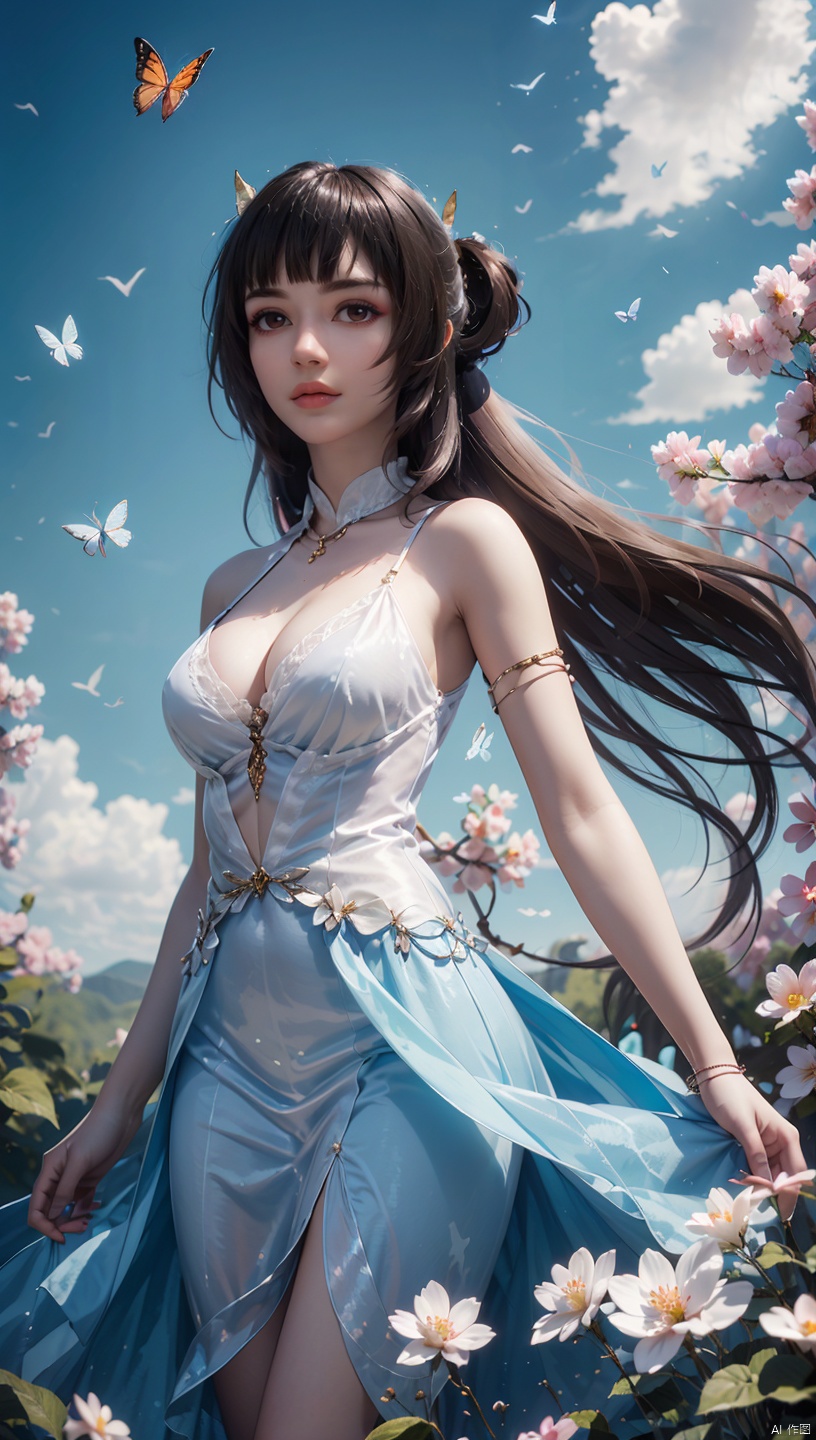  1 girl, dynamic angle, solo, looking at the audience, dress, sky, blue sky, insects, butterflies, branches,,