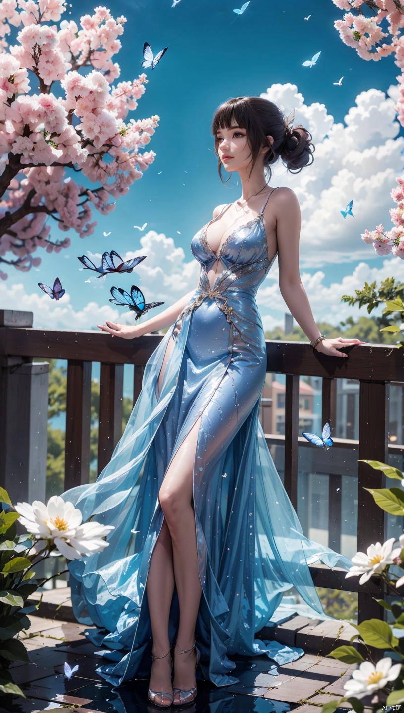 1 girl, dynamic angle, solo, looking at the audience, dress, sky, blue sky, insects, butterflies, branches,,