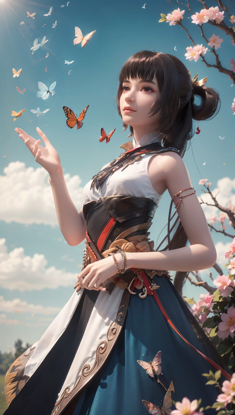  1 girl, dynamic angle, solo, looking at the audience, dress, sky, blue sky, insects, butterflies, branches,,