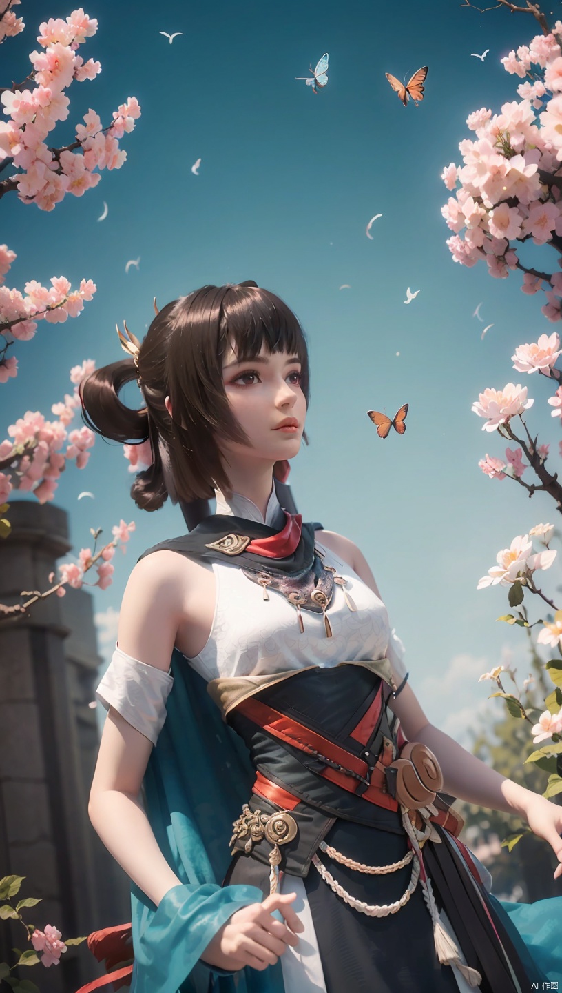  1 girl, dynamic angle, solo, looking at the audience, dress, sky, blue sky, insects, butterflies, branches,,