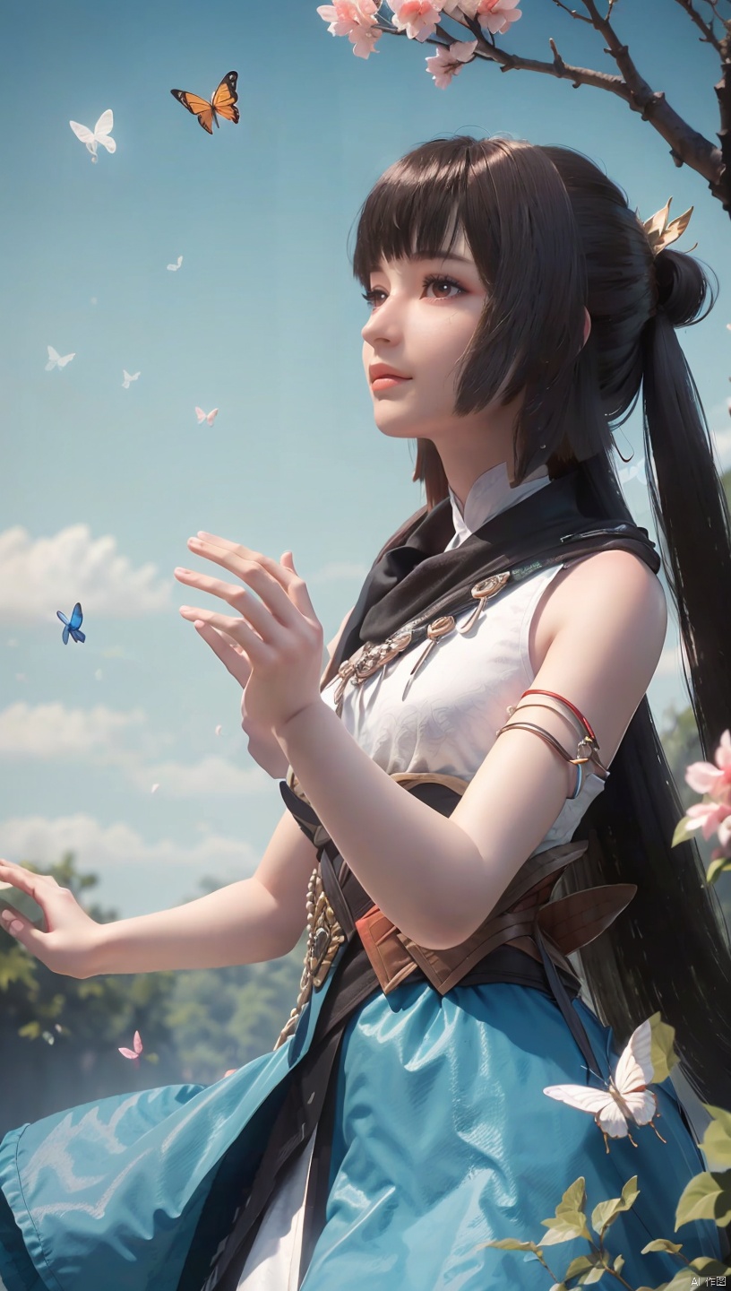  1 girl, dynamic angle, solo, looking at the audience, dress, sky, blue sky, insects, butterflies, branches,,
