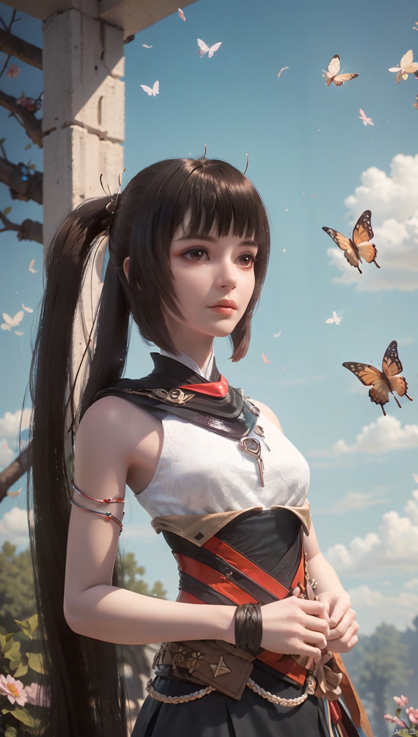  1 girl, dynamic angle, solo, looking at the audience, dress, sky, blue sky, insects, butterflies, branches,,