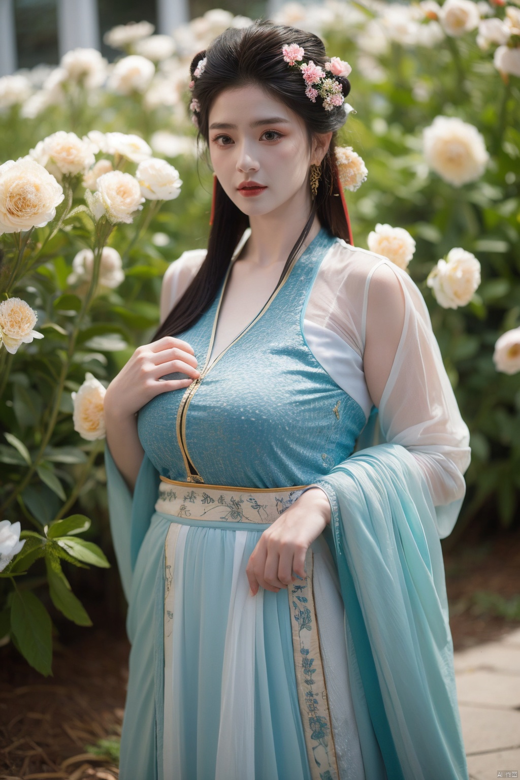 tang_hanfu,1girl,(spring,flowers:1.2),looking_at_viewer,,(big breasts:1.29), hanfu