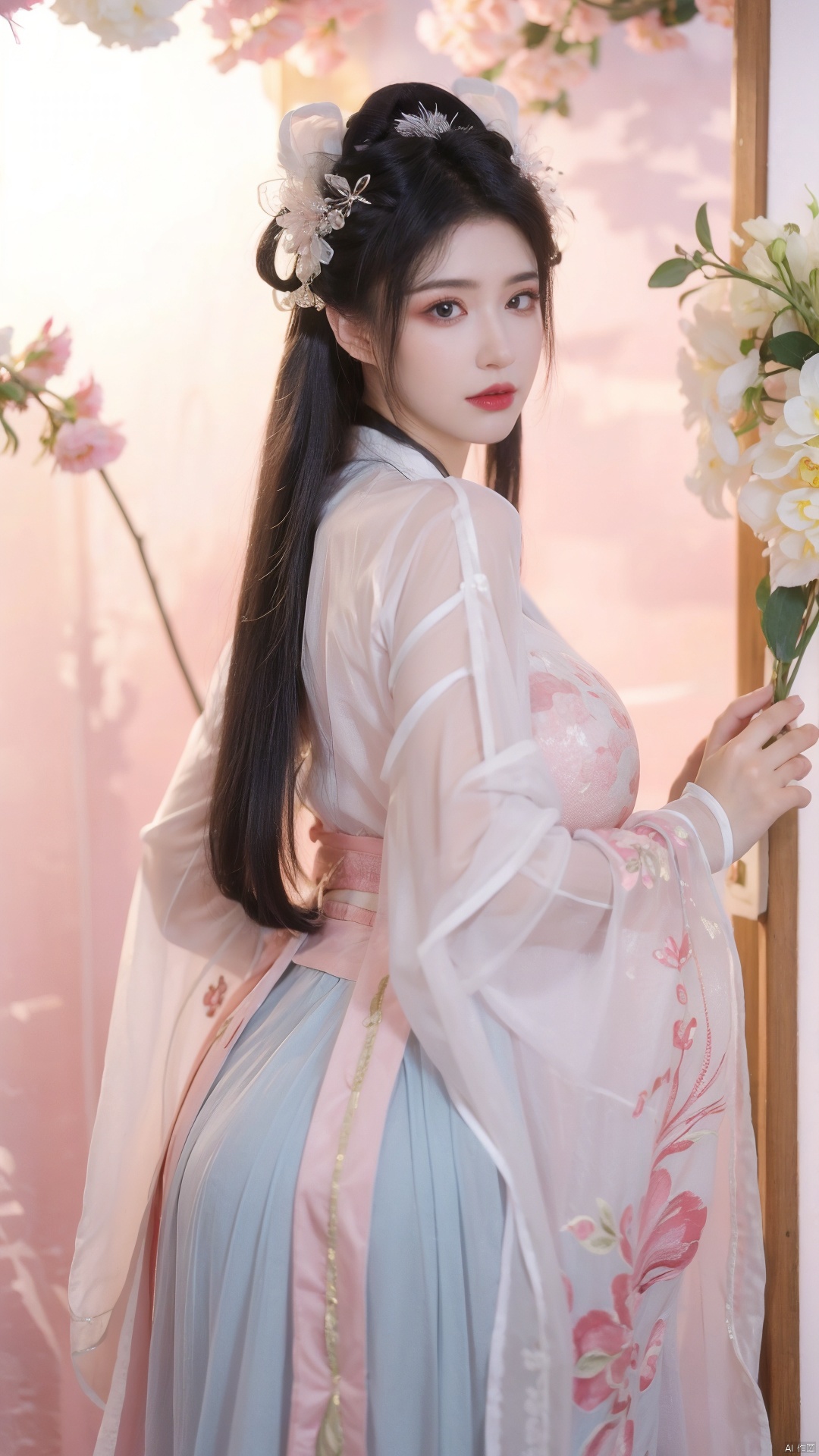  masterpiece,qingyi,danya,1girl,black hair,hanfu,(flower:1.36),realistic,hair ornament,chinese clothes,(pink-blue dress:1.1),black eyes,long sleeves,holding,holding flower,,hanfu,cho girl, longfeihanfu,looking at viewer,(big breasts:1.69)