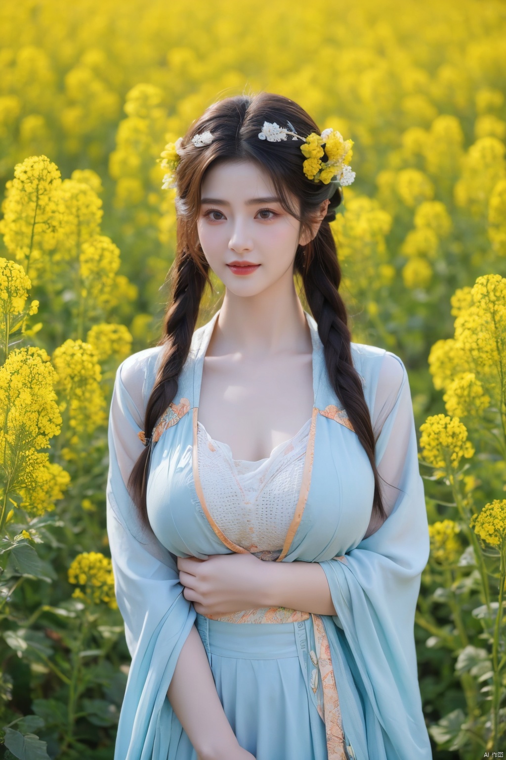  Enhanced, masterpiece, 16K, girl, Solo, Flower Field, rape flower, (\meng ze\), yue , hair ornament , hanfu,(big breasts:1.59),tang_hanfu