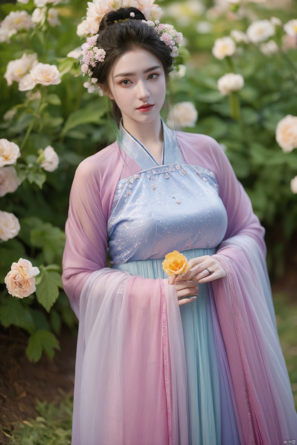  tang_hanfu,1girl,(spring,flowers:1.2),looking_at_viewer,,(big breasts:1.39), hanfu