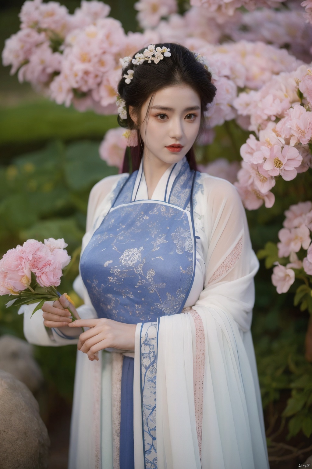 tang_hanfu,1girl,(spring,flowers:1.2),looking_at_viewer,,(big breasts:1.29), hanfu