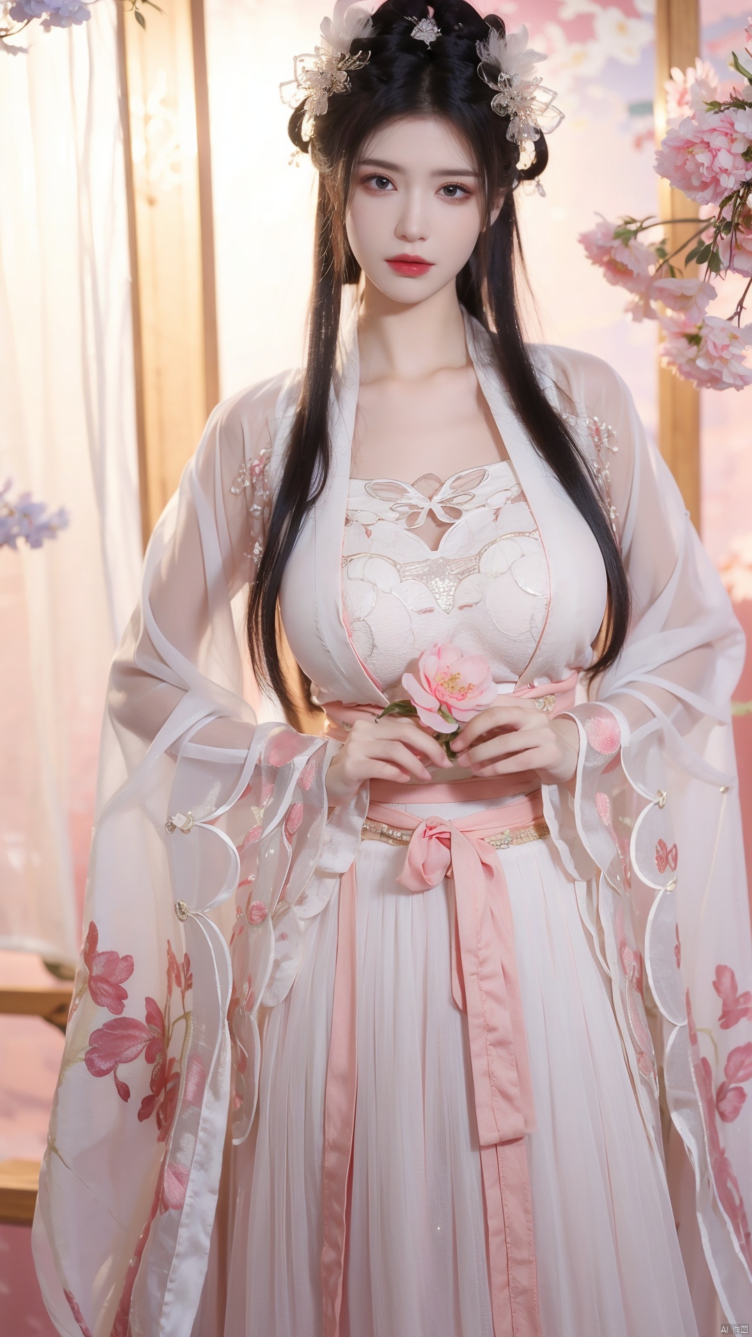  qingyi,danya,1girl,black hair,hanfu,(flower:1.3),realistic,hair ornament,chinese clothes,simple background,dress,black eyes,long sleeves,holding,holding flower,,hanfu,cho girl, longfeihanfu,looking at viewer,(big breasts:1.68)