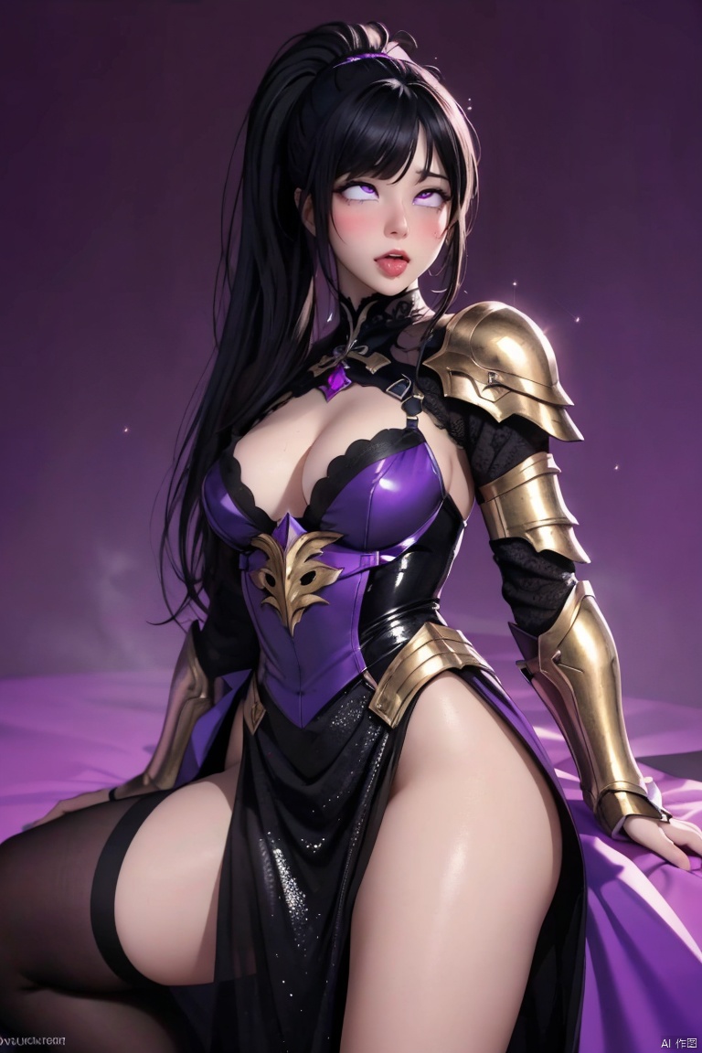  high definition,color trace, (High quality, High resolution, High quality, Fine details), Realistic, 1girl, solo focus, long hair, black hair, bangs, ponytail, purple eyes, long legs, simple background,solo, curvy women, sparkling eyes, purple eyes, (Detailed eyes:1.2), Oily skin, Dramatic Shadows, armor, dress, , dnfSpectre