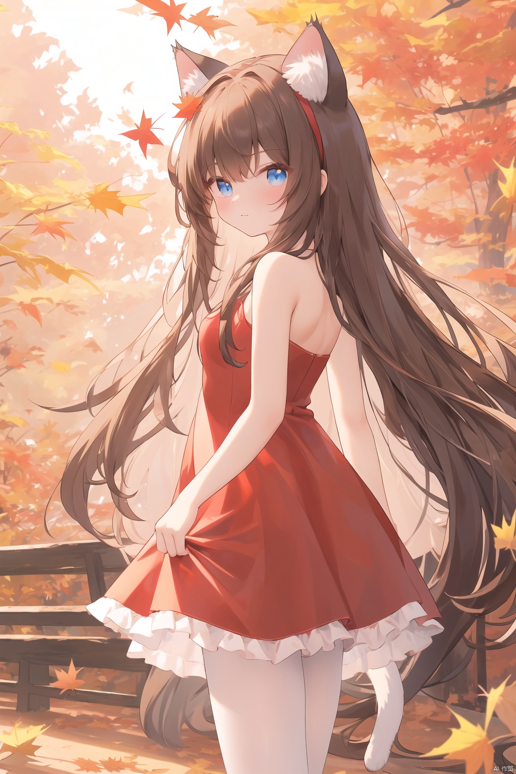 chen_bin,(very long hair, cowboy shot, 4349, 4349, 4349, 4349:1), 1girl, solo, animal ears, long hair, blue eyes, looking at viewer, cat ears, (fallen leaves,maple,autumn), outdoors,(((red dress)), bare shoulders), very long hair, frills, black hair, brown hair, hairband,(full body, wide shot, mid shot, panorama),white pantyhose,backlight,revealing clothes