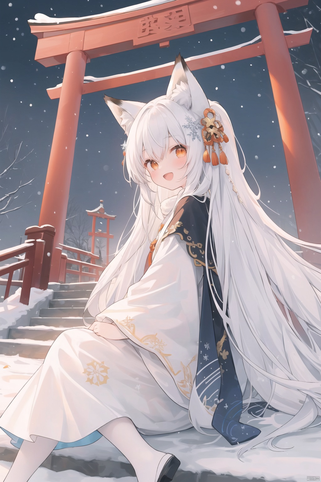 chen_bin,1girl, (high quality:1.2), (ultra detailed:1.2), ((absurdres)), (masterpiece), from side, CG, , kaia, cute face, perfect body, white hair, very long hair, orange eyes, two-tone hair, hair ornament, fox ears, fox tail, multiple tails, hanfu, winter hanfu, Cloak, open mouth, smile, sitting, Reach out to catch the snowflakes, looking up, night, snowing, snowflake, snow, Torii gate, stone steps, shrine architecture, Comfortable tones, colors, white pantyhose