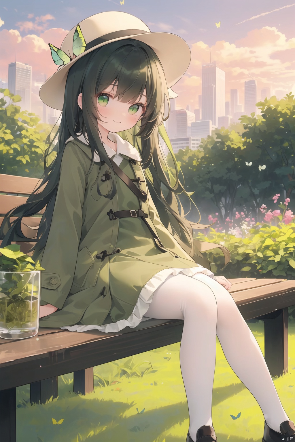 chen_bin,((garden)), (bench), (light-green butterflies), (city skyline), (sunset), (rosy clouds), 1 young girl, cute girl, solo, close shot, slim, sitting, grace pose, gentle smile, white pantyhose, (long black hair), blunt bangs, green eyes, (khaki fedora), (khaki coat), (long light-green dress), light-greenshoes,,