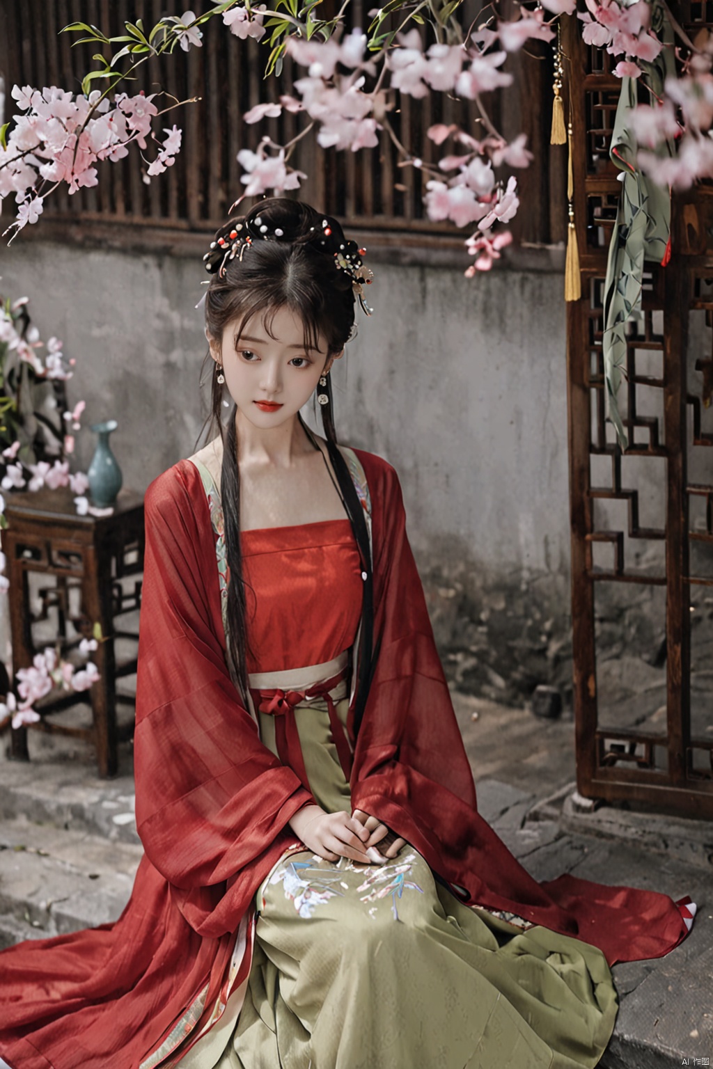  (masterpiece, top quality, best quality, official art, beautiful and aesthetic:1.2),gf-hd, 1girl, solo, hair ornament, jewelry,hanfu dress, red dress, earrings, chinese clothes, brown hair, ribbon, hanfu, red ribbon, shawl, song_hanfu,(big breasts:1.39)