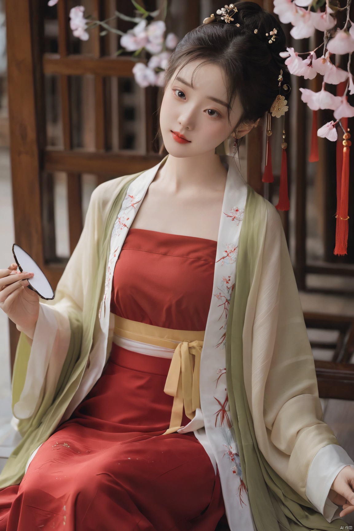  (masterpiece, top quality, best quality, official art, beautiful and aesthetic:1.2),gf-hd, 1girl, solo, hair ornament, jewelry,hanfu dress, red dress, earrings, chinese clothes, brown hair, ribbon, hanfu, red ribbon, shawl, song_hanfu,(big breasts:1.39), monkren