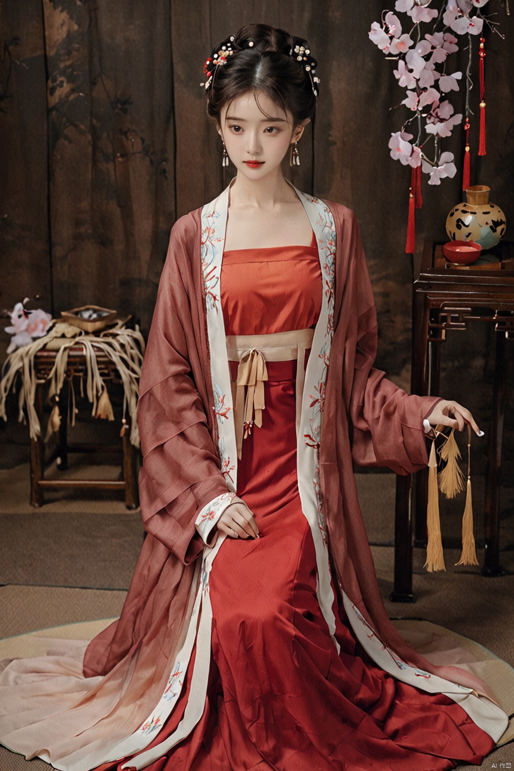  (masterpiece, top quality, best quality, official art, beautiful and aesthetic:1.2),gf-hd, 1girl, solo, hair ornament, jewelry,hanfu dress, red dress, earrings, chinese clothes, brown hair, ribbon, hanfu, red ribbon, shawl, song_hanfu,(big breasts:1.39)