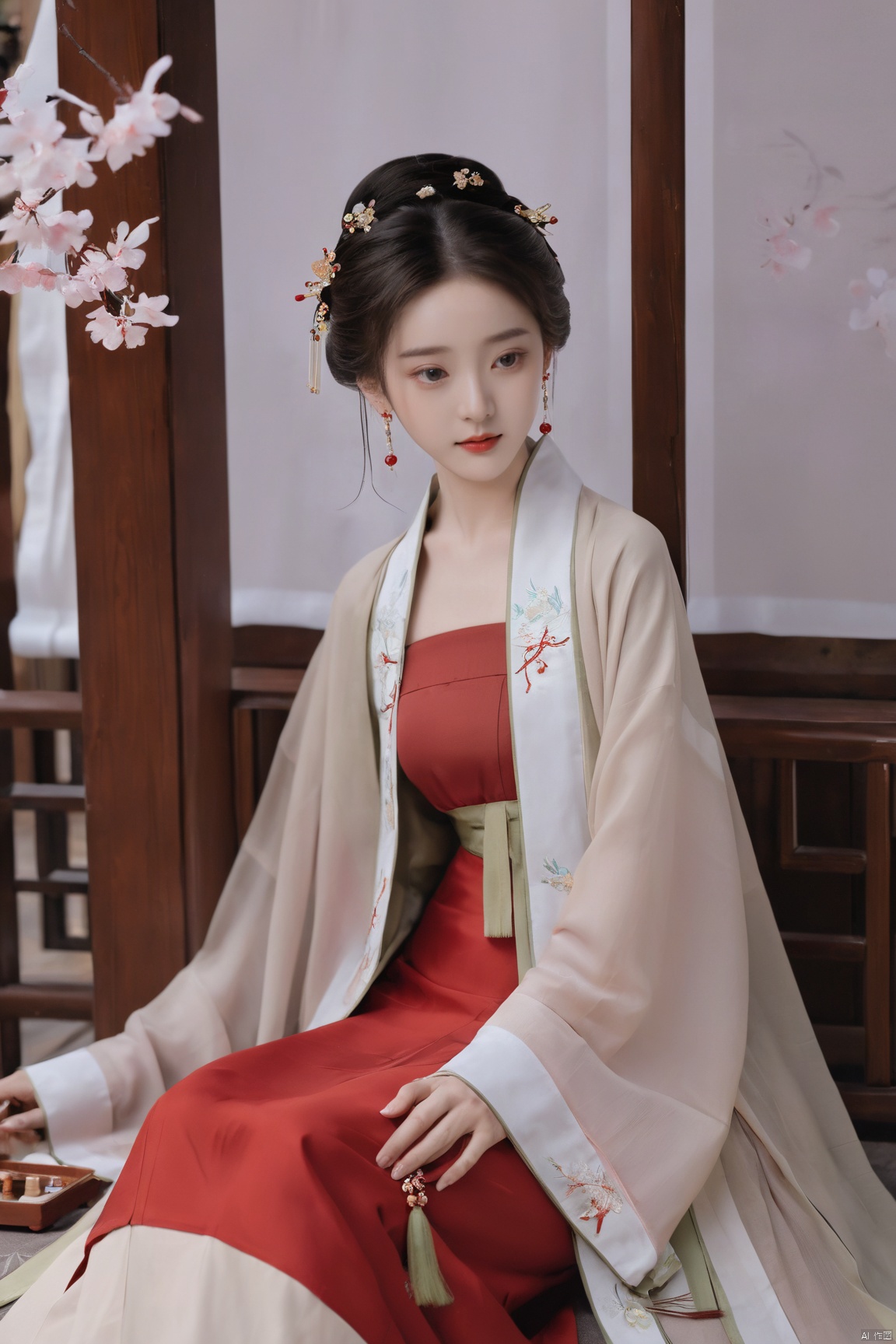  (masterpiece, top quality, best quality, official art, beautiful and aesthetic:1.2),gf-hd, 1girl, solo, hair ornament, jewelry,hanfu dress, red dress, earrings, chinese clothes, brown hair, ribbon, hanfu, red ribbon, shawl, song_hanfu,(big breasts:1.39), monkren