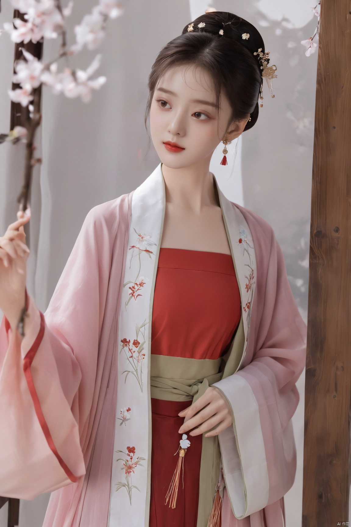  (masterpiece, top quality, best quality, official art, beautiful and aesthetic:1.2),gf-hd, 1girl, solo, hair ornament, jewelry,hanfu dress, red dress, earrings, chinese clothes, brown hair, ribbon, hanfu, red ribbon, shawl, song_hanfu,(big breasts:1.39), monkren