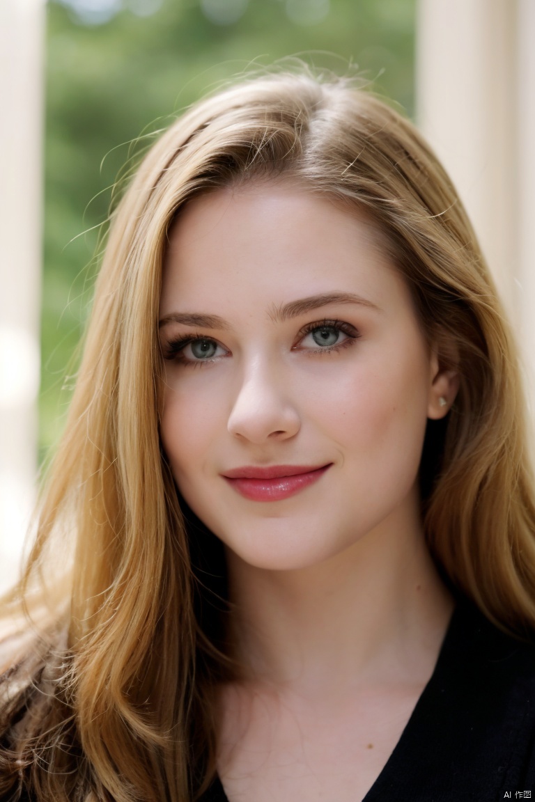 1girl, solo, realistic, long hair, lips, brown hair, smile, blurry, closed mouth, green eyes, upper body, blurry background, portrait, looking to the side