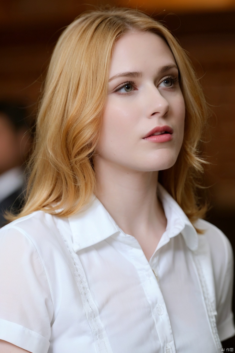 solo, 1girl, blonde hair, realistic, long hair, parted lips, blurry background, shirt, blurry, upper body, white shirt, lips, looking to the side, looking away