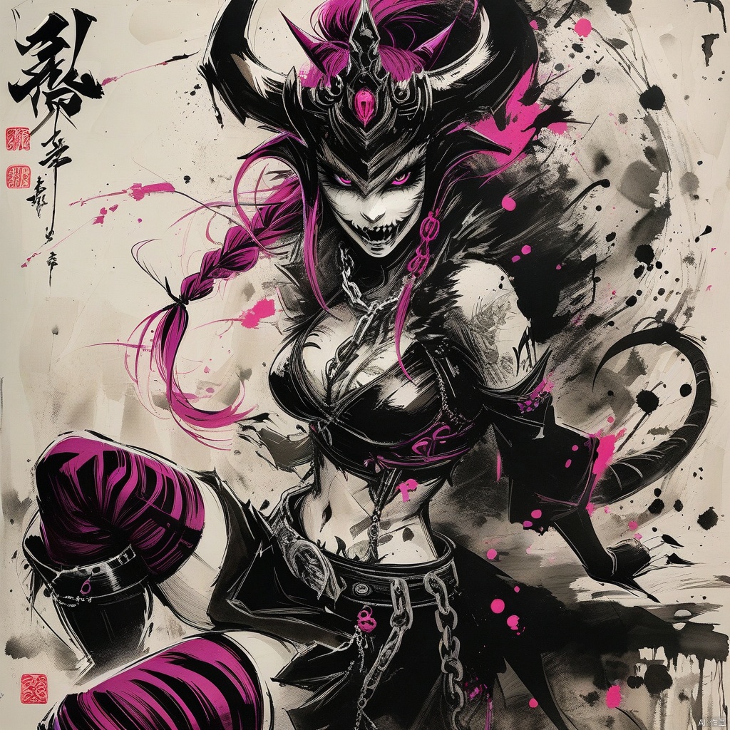  (ink-style,ink_wash_painting), (masterpiece),(best quality), 1girl, solo, thighhighs, navel, pink hair, sitting, skirt, pink eyes, striped, long hair, black nails, looking at viewer, smile, boots, tail, sharp teeth, striped thighhighs, midriff, crop top, tattoo, teeth, horns, black shirt, braid, chain, bangs, jewelry, black footwear, open mouth, belt, detached sleeves, breasts