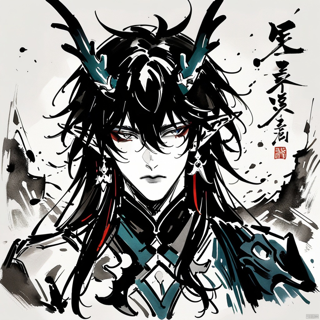  (ink-style,ink_wash_painting), (masterpiece),(best quality), dan heng \(honkai: star rail\),1boy,dan heng \(imbibitor lunae\) \(honkai: star rail\),male focus,horns,pointy ears,black hair,solo,long hair,white background, portrait,upper_body,highres,
